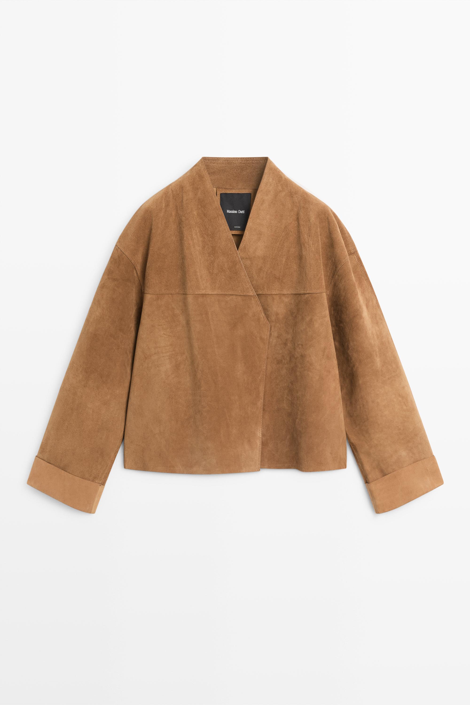 Short double-breasted suede leather jacket