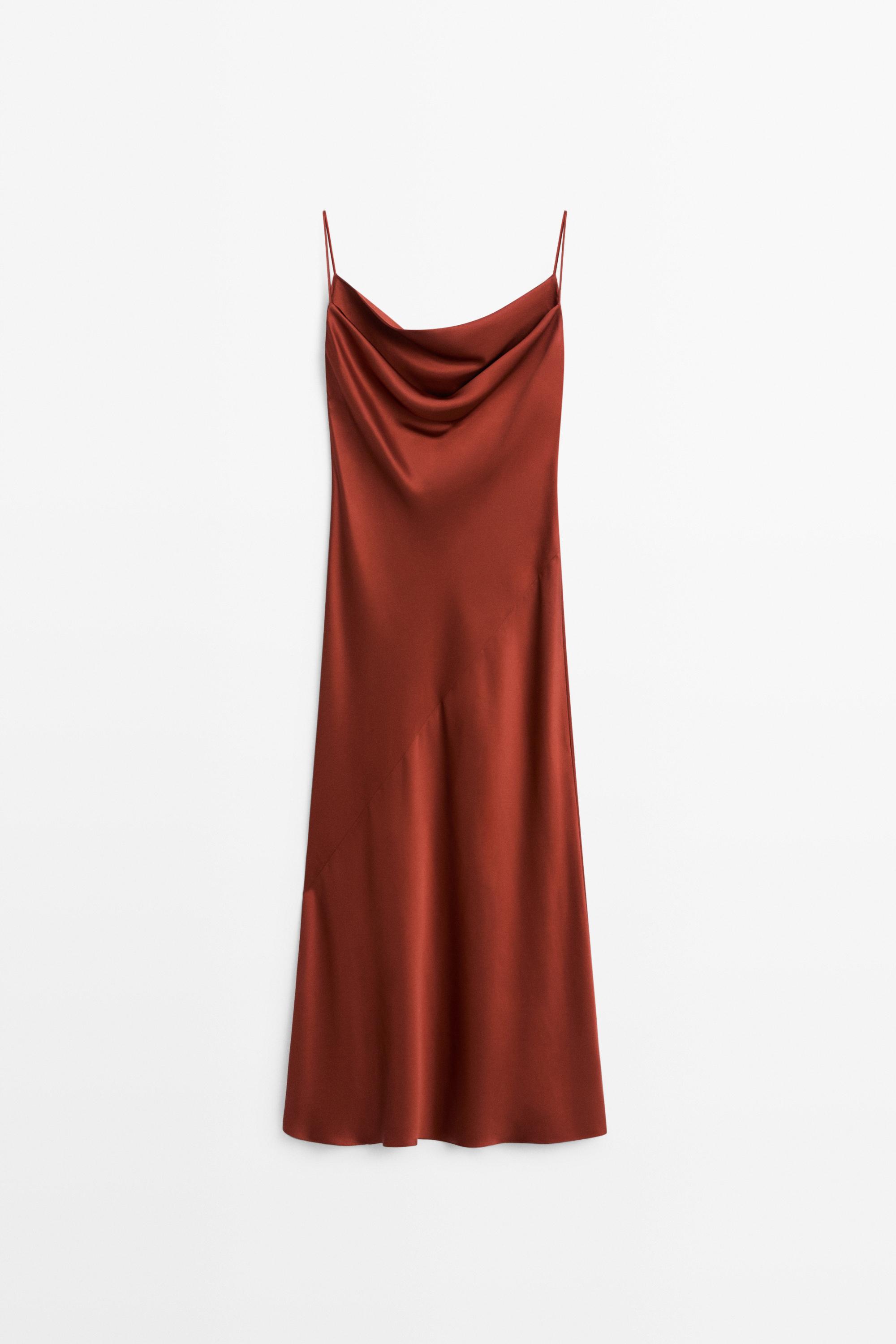 Flowing satin finish midi dress — BURNT ORANGE