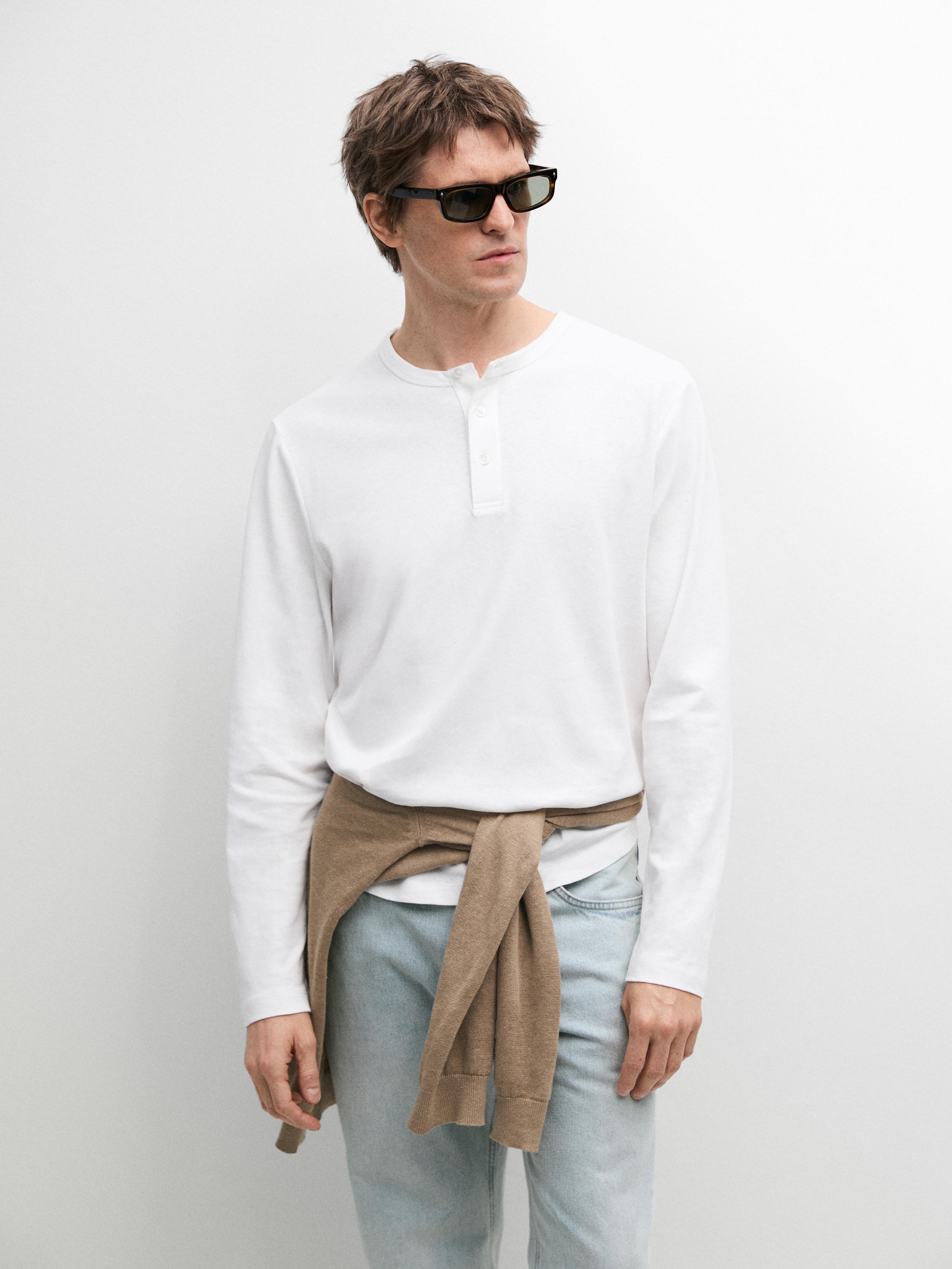Long sleeve henley neck T-shirt — WHITE