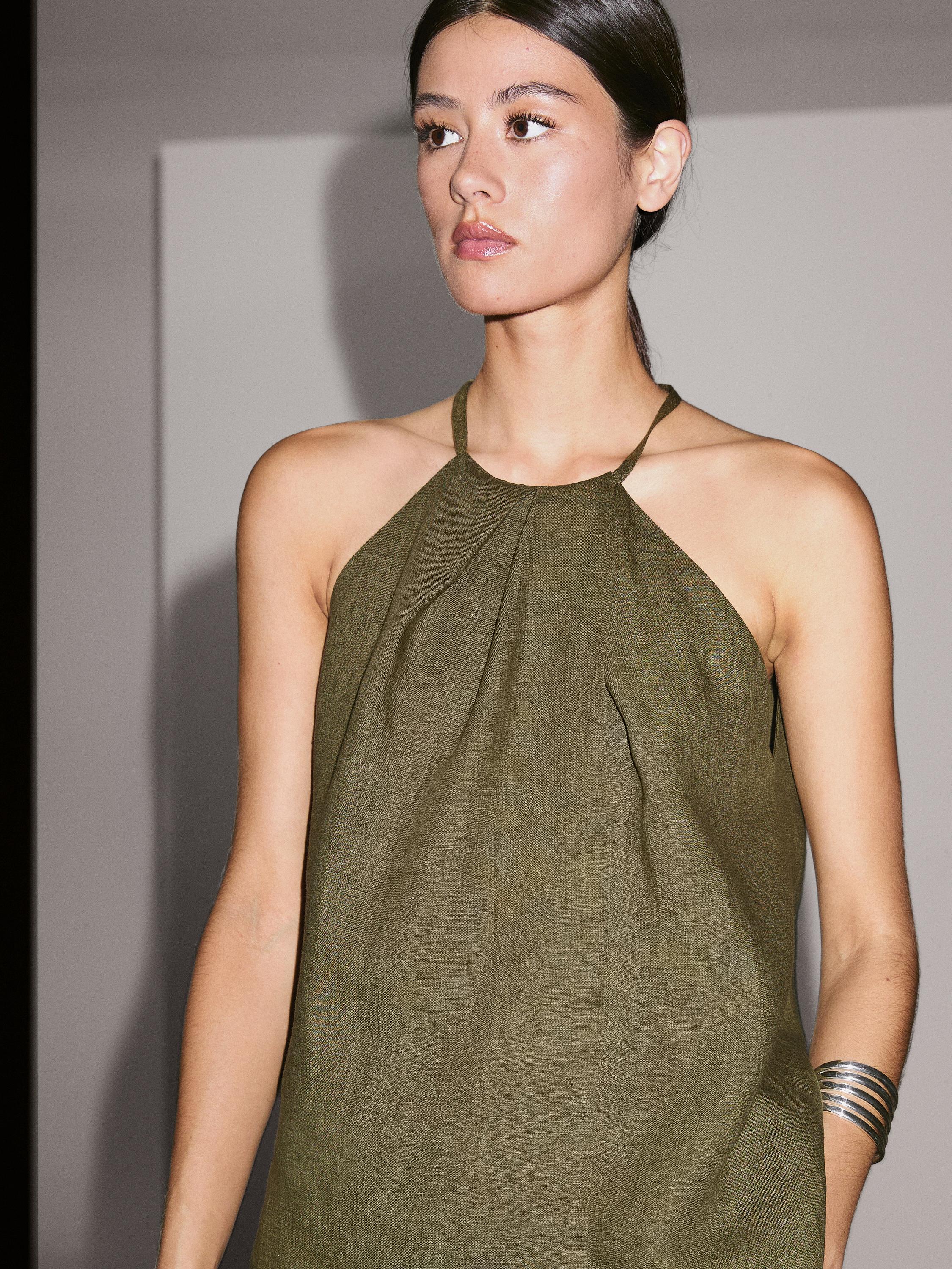 純亞麻交叉繞頸吊帶上衣