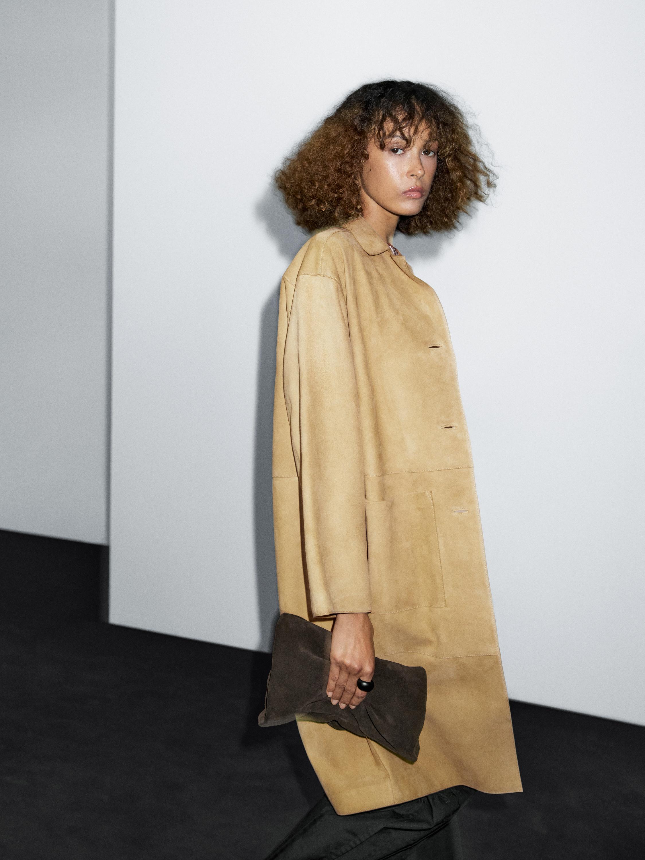 Manteau long en cuir finition daim