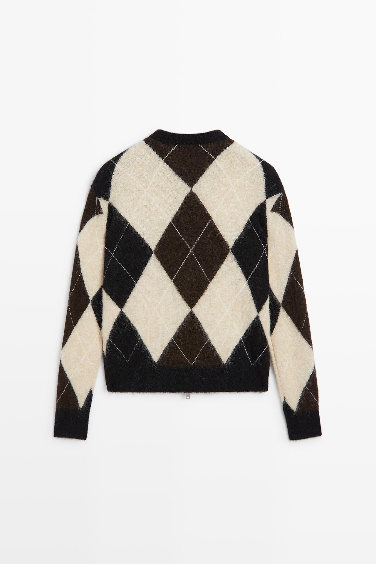 Wool-blend zip-up cardigan with diamond pattern — DARK GREY