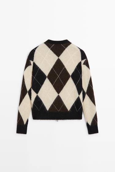 Wool-blend zip-up cardigan with diamond pattern — DARK GREY 6