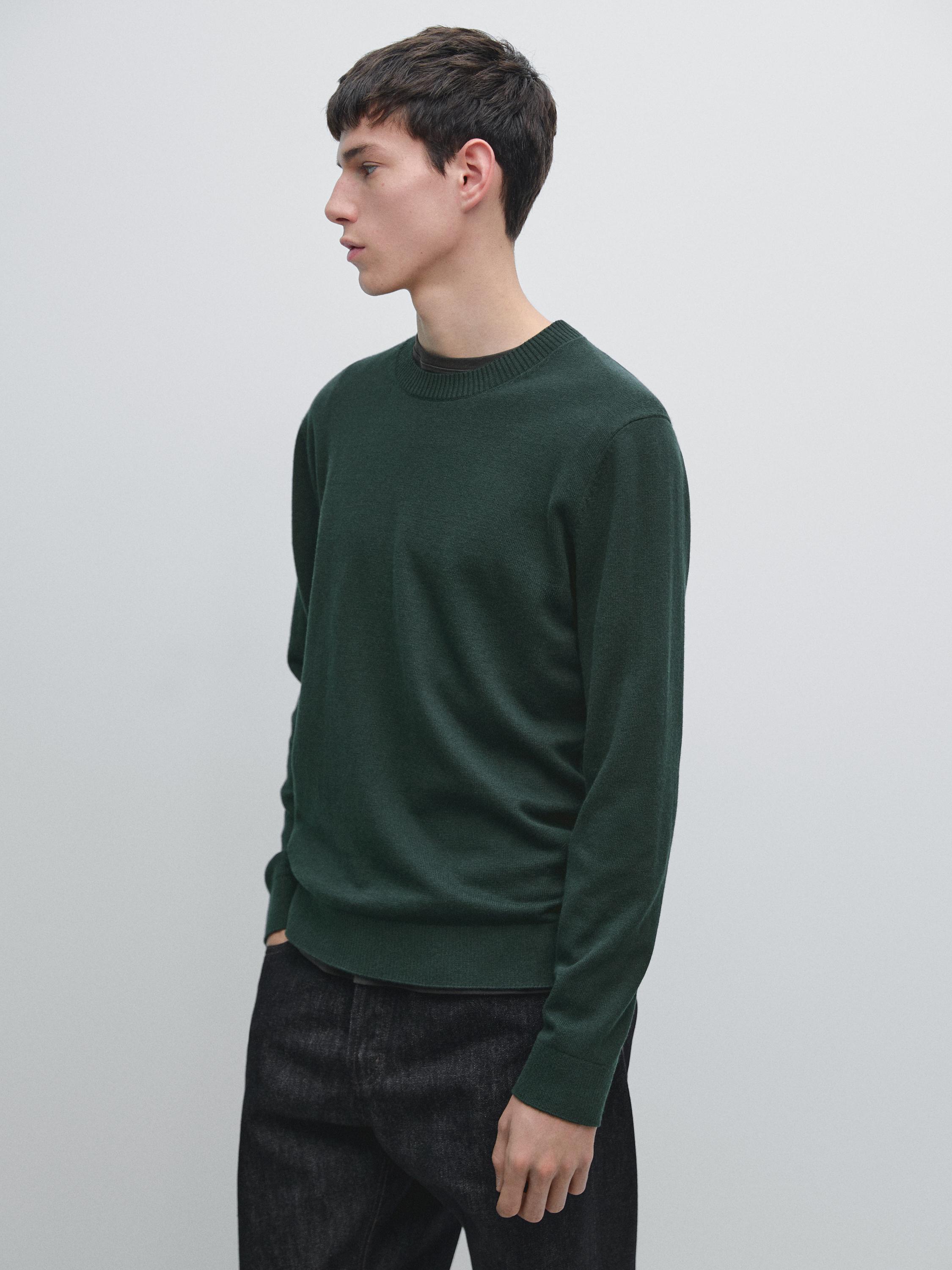 Knit cotton and wool sweater with crew neck