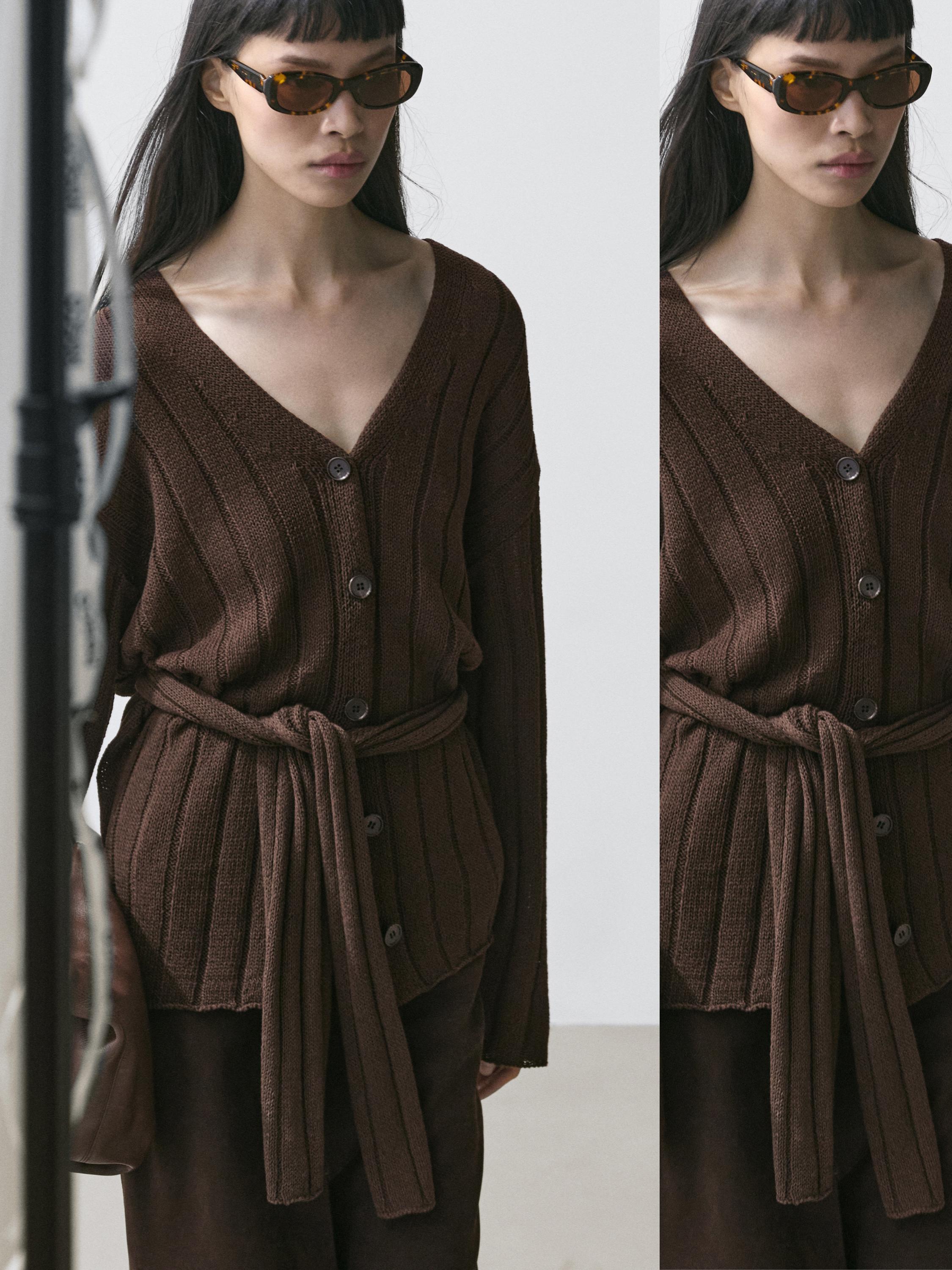 Knit cardigan with waist detail — Chocolate