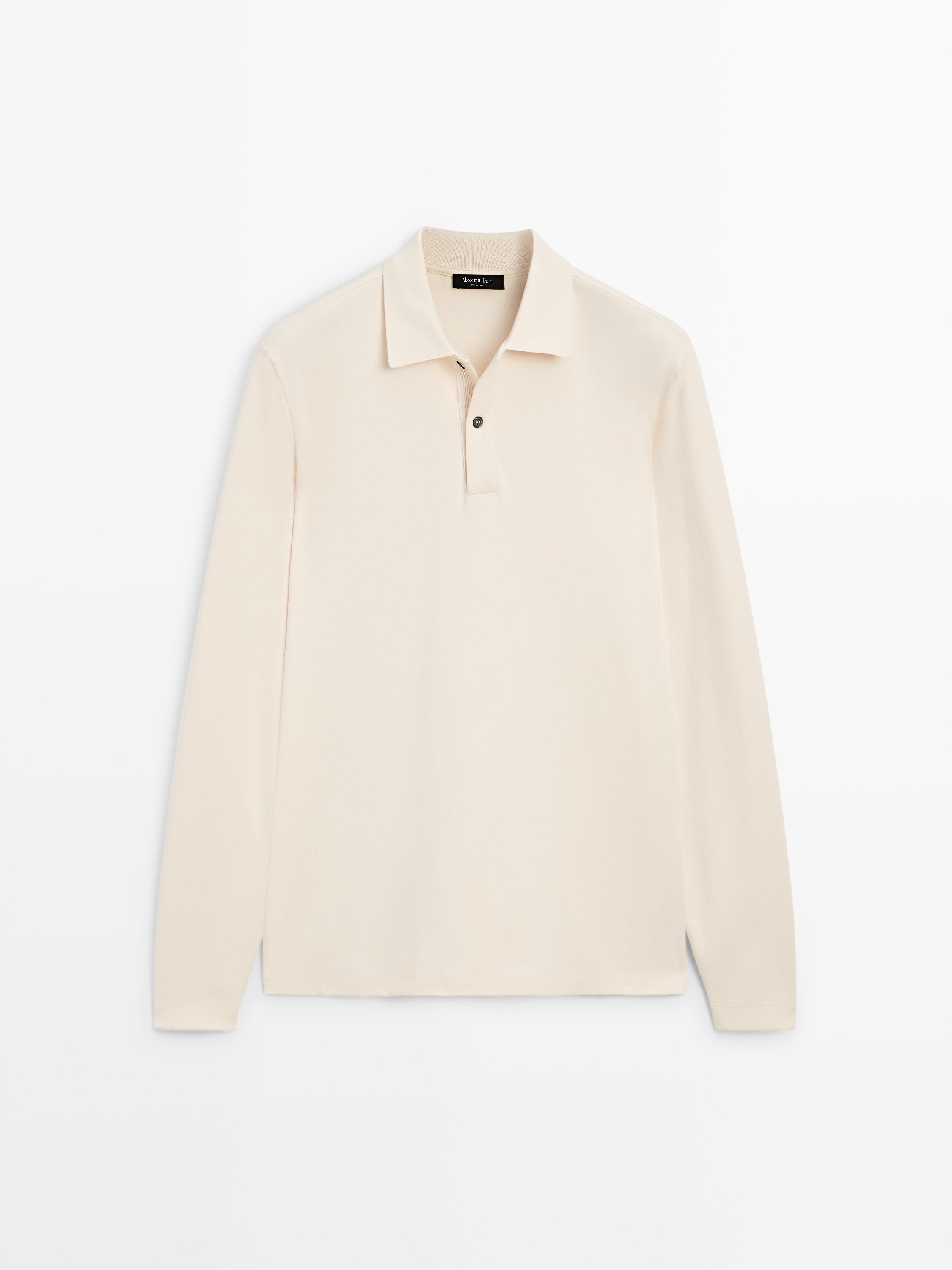Long sleeve polo shirt with ribbed detail — CREAM