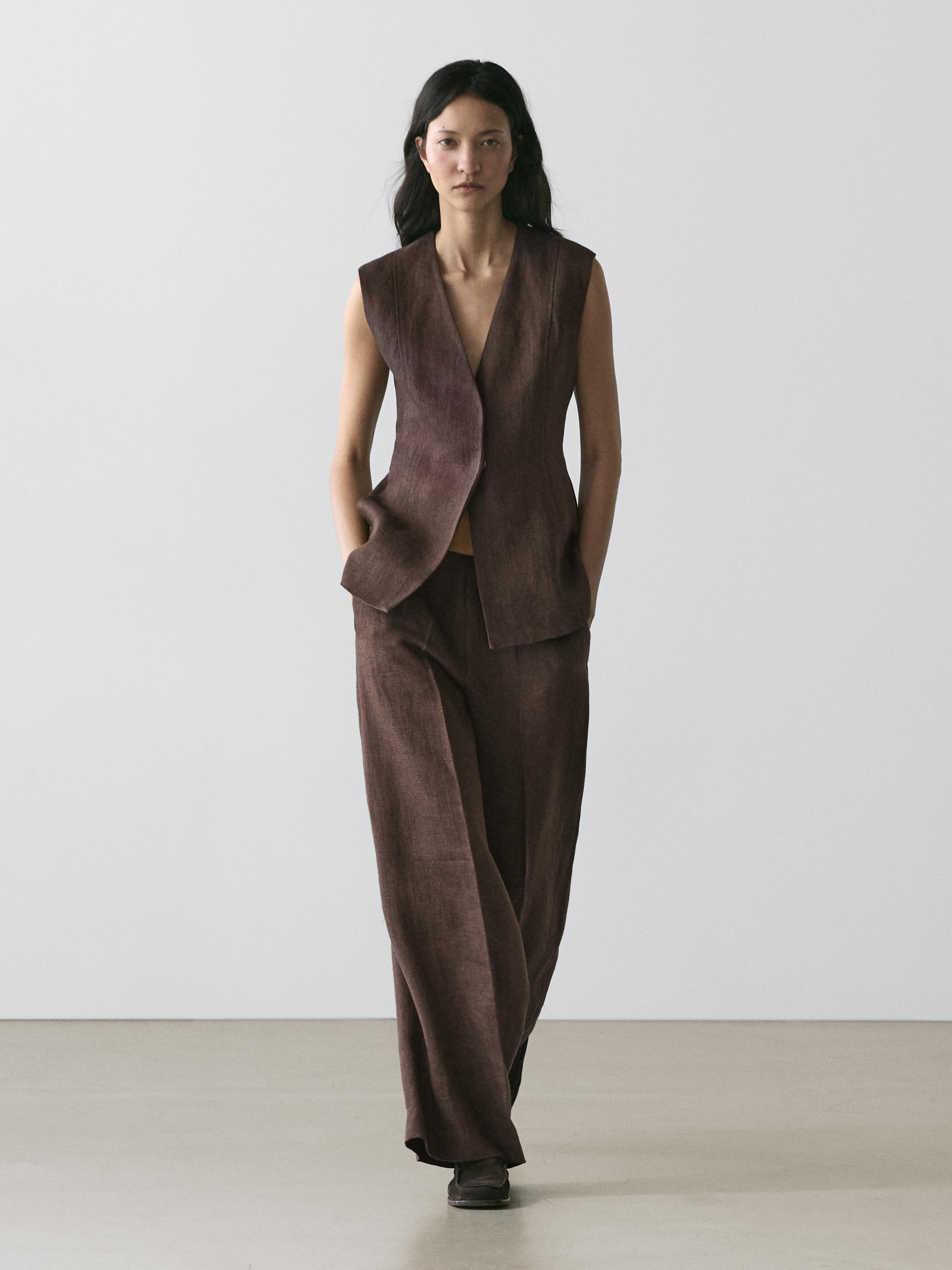 Flowing linen suit trousers — BROWN