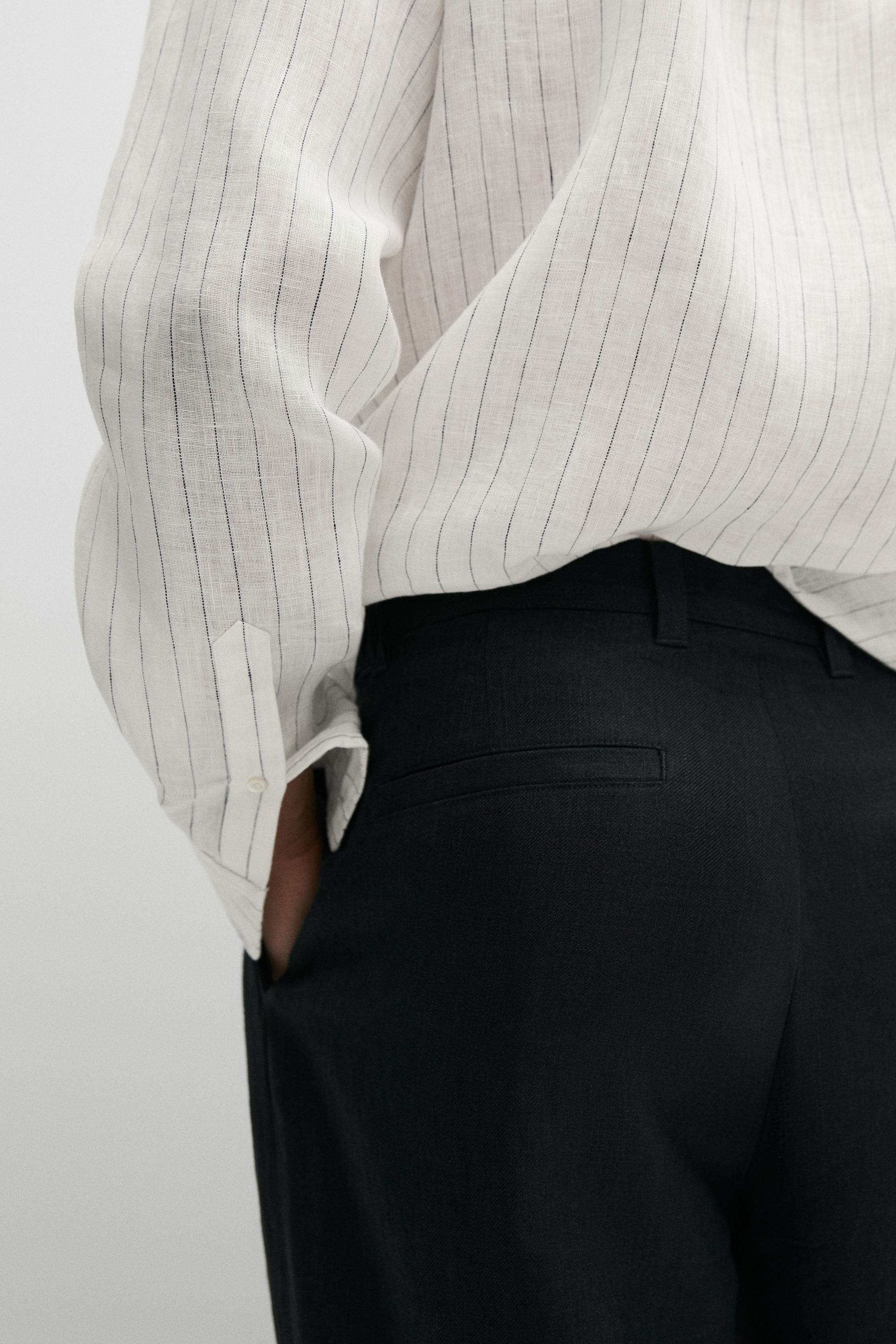 100% linen trousers with double darts — BLACK