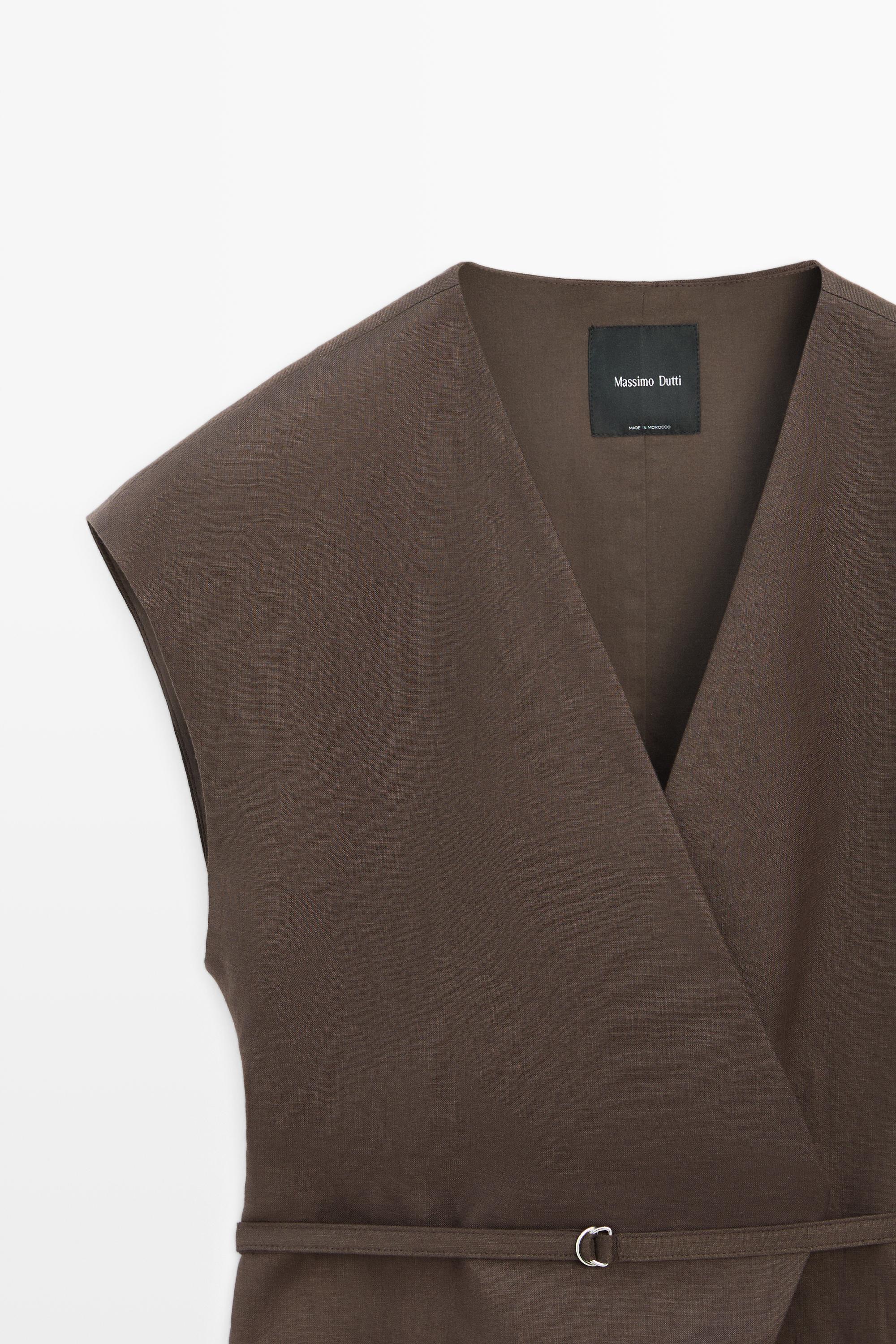Linen blend waistcoat with wrap neckline — BROWN