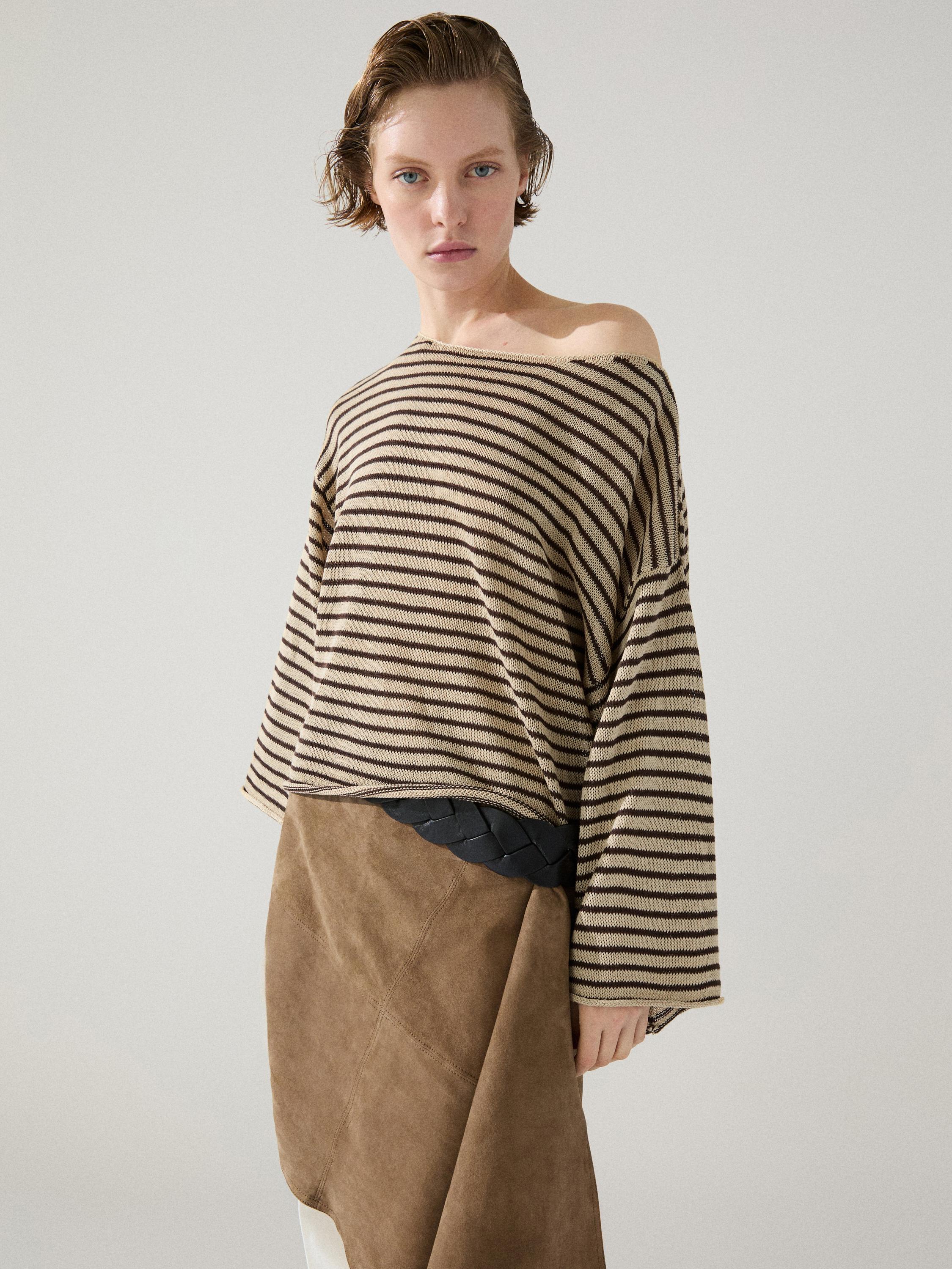 100% cotton striped knit sweater — OCHRE