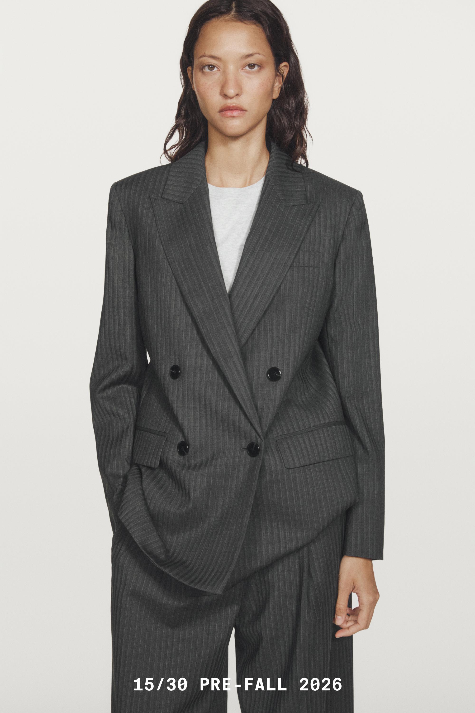 Pinstripe cool wool blend suit blazer — GREY