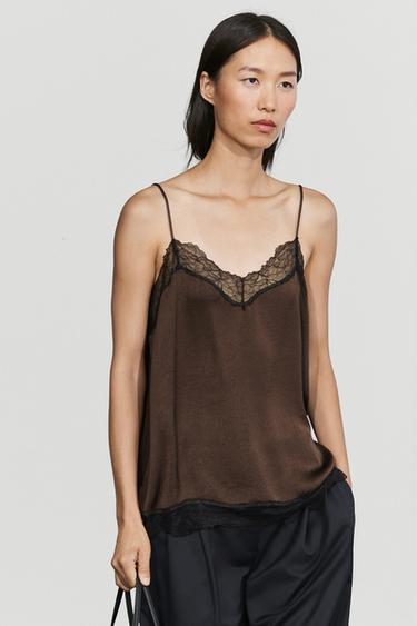 Contrast lace camisole top — BROWN MARL 3