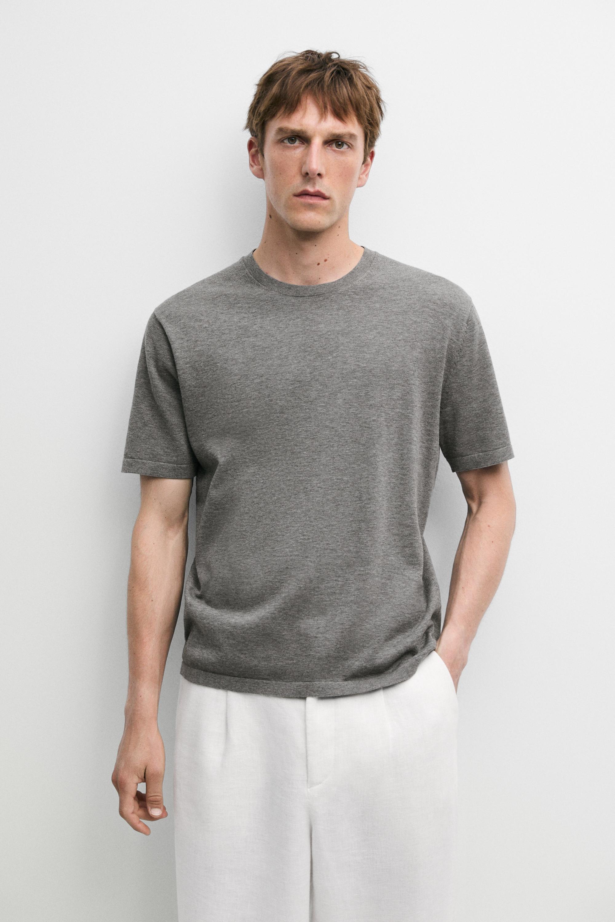 100% cotton short sleeve knit sweater — MEDIUM GREY