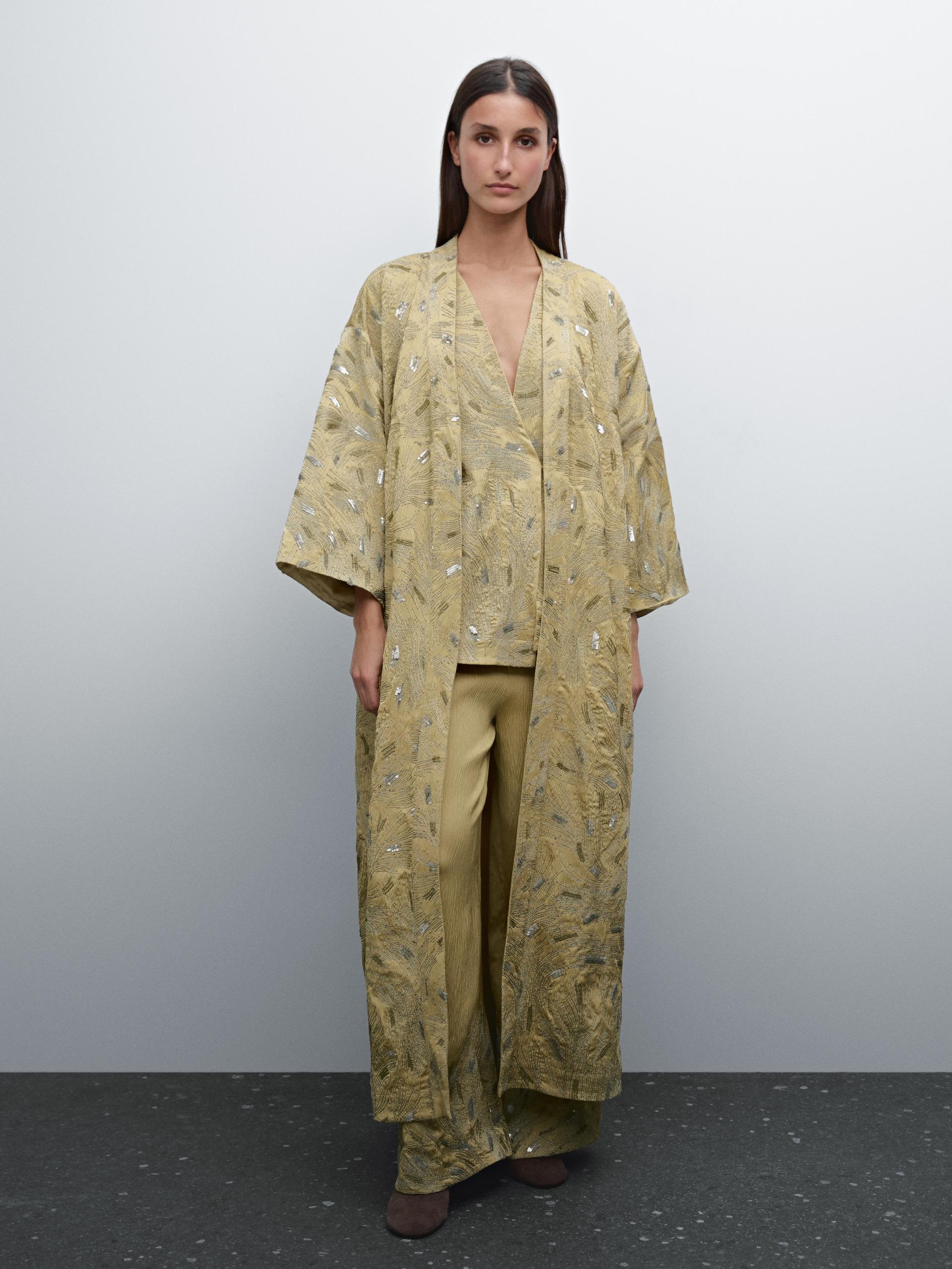 Kimono Largo Detalle Bordados - Oliva - M - Massimo Dutti - Mujer