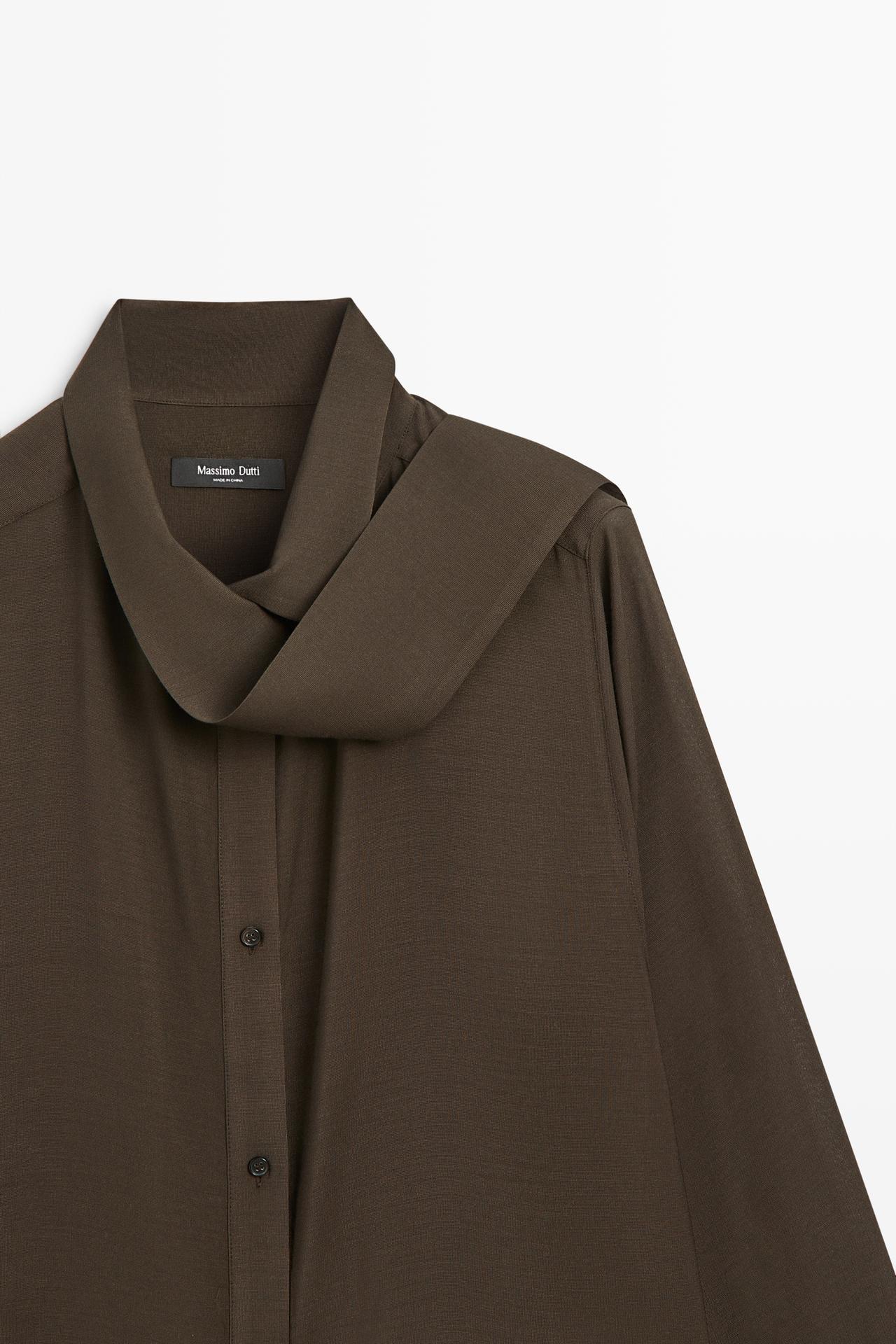 Semi-sheer shirt with tie detail — BROWN
