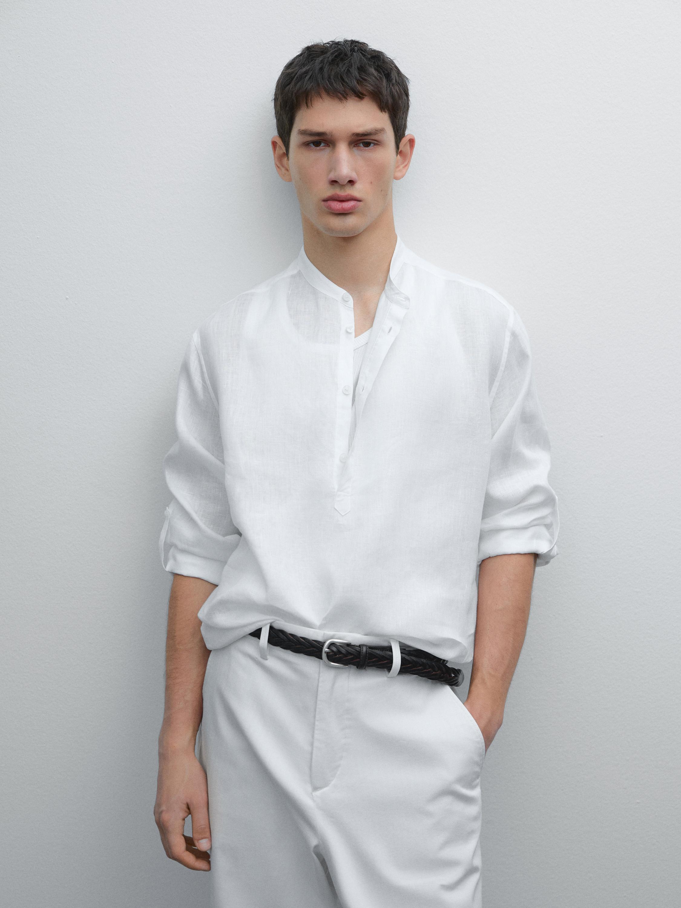 قميص كتان 100% بياقة قائمة