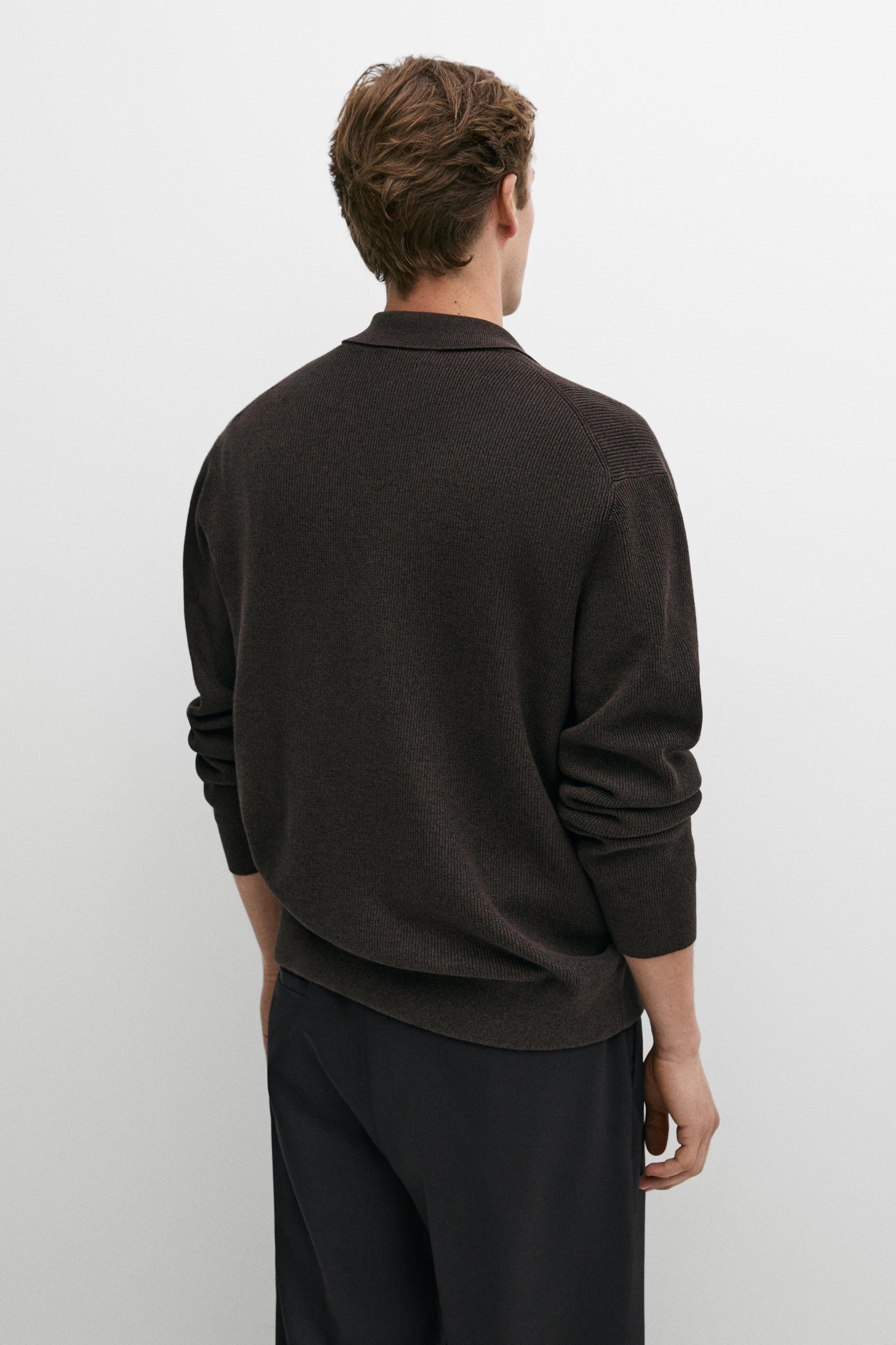 100% cotton polo collar knit cardigan — BROWN