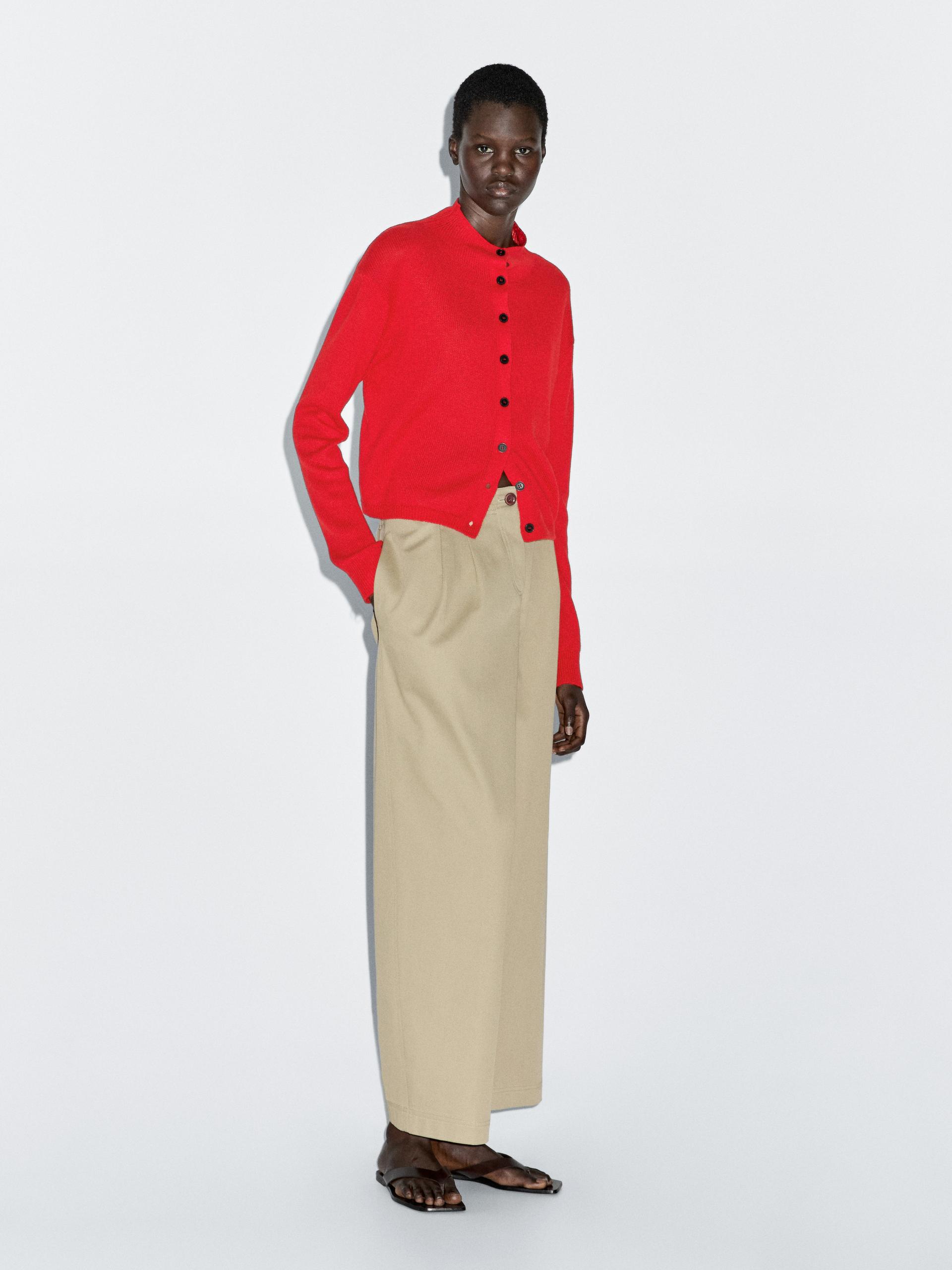 Cárdigan Cuello Perkins Lana Lino - Rojo - Xs - Massimo Dutti - Mujer