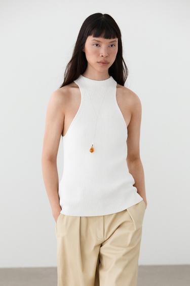 Cotton blend halter top with ribbed detail — WHITE 3