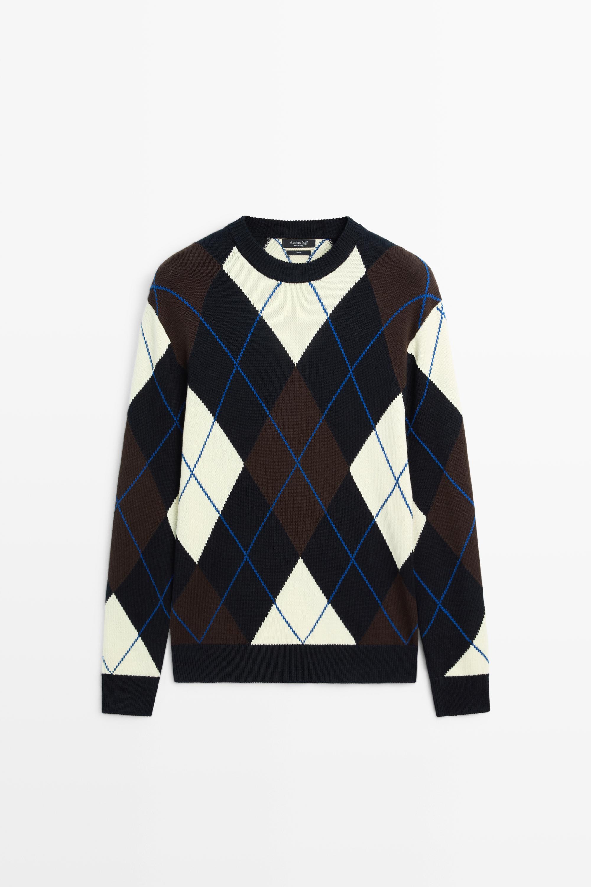 100% Cotton Argyle Knit Sweater — NAVY BLUE