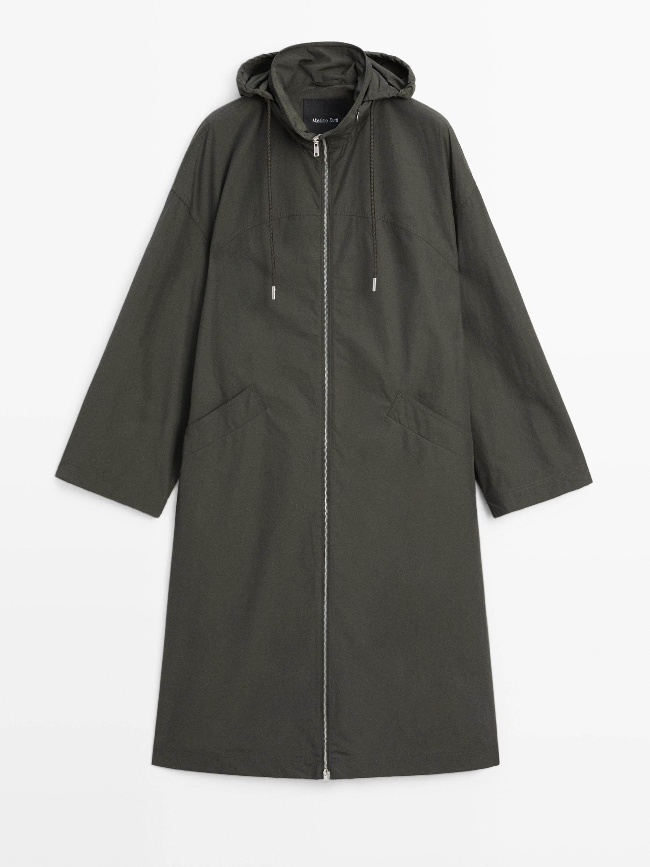 Technical fabric trench coat with hood