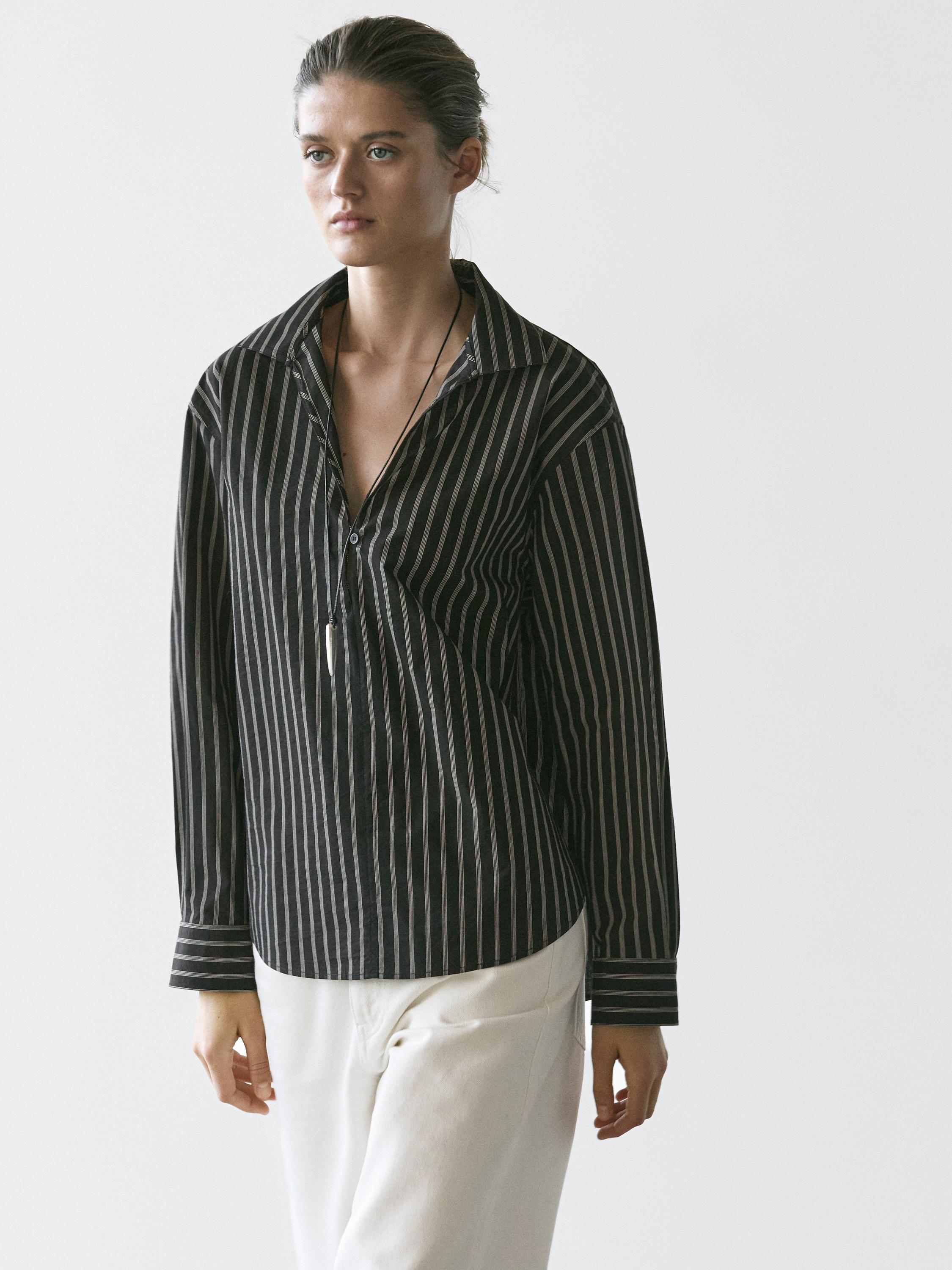 Striped cotton blend shirt Black Shirts | Massimo Dutti Striped cotton blend shirt Black Shirts | Massimo Dutti
