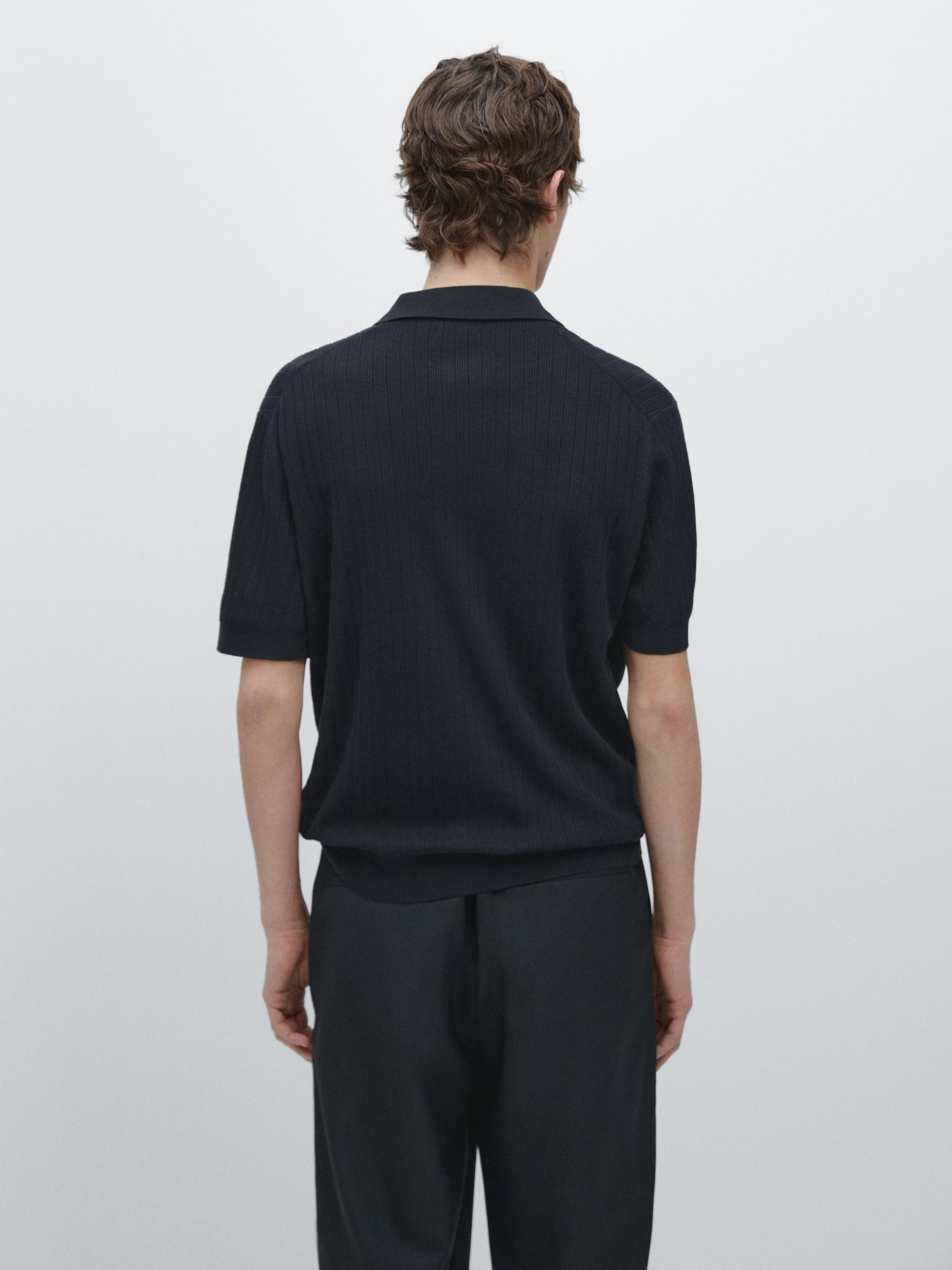 Ribbed knit cotton polo shirt — NAVY BLUE