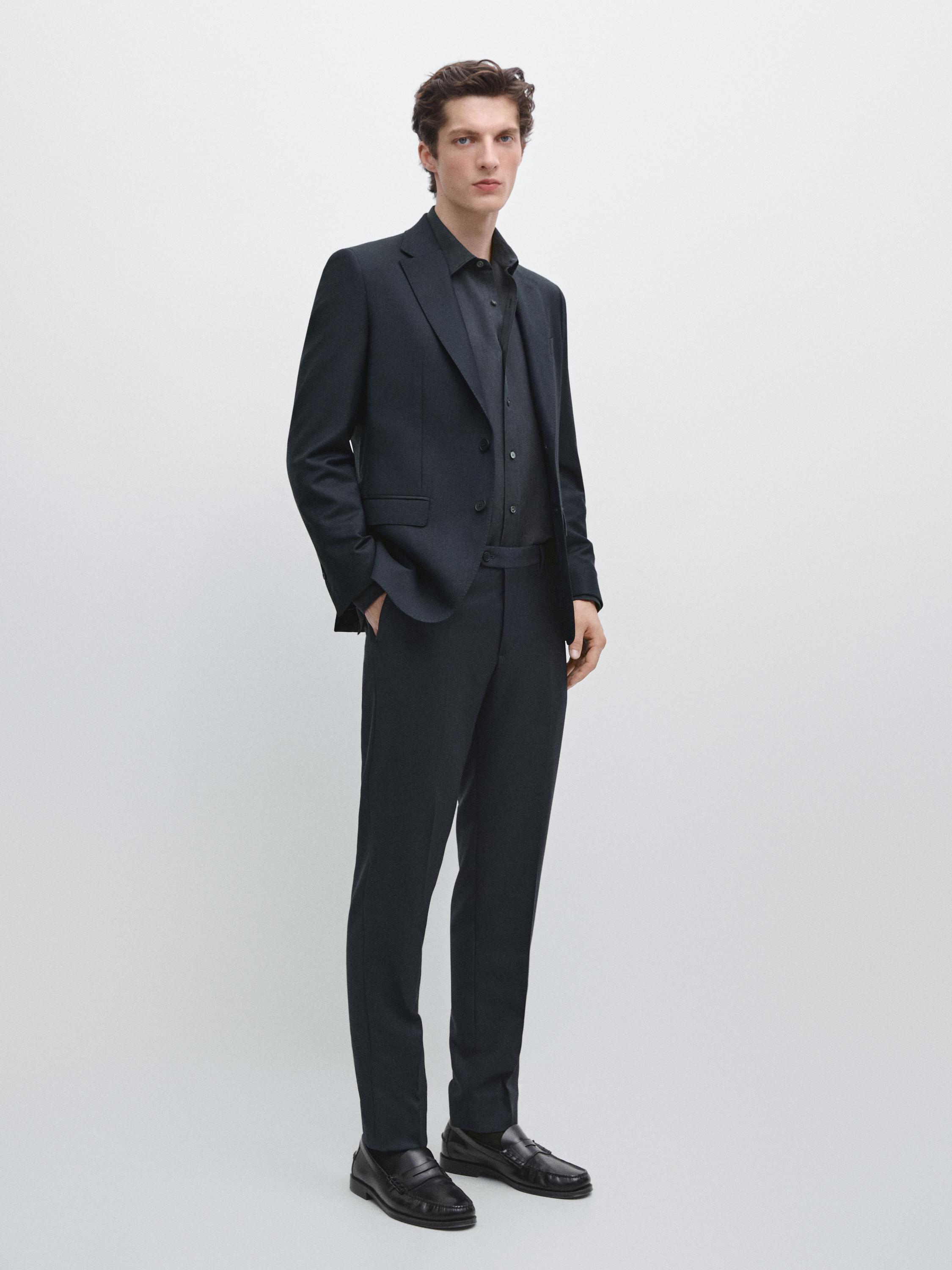 Cool wool micro-textured suit trousers — NAVY BLUE