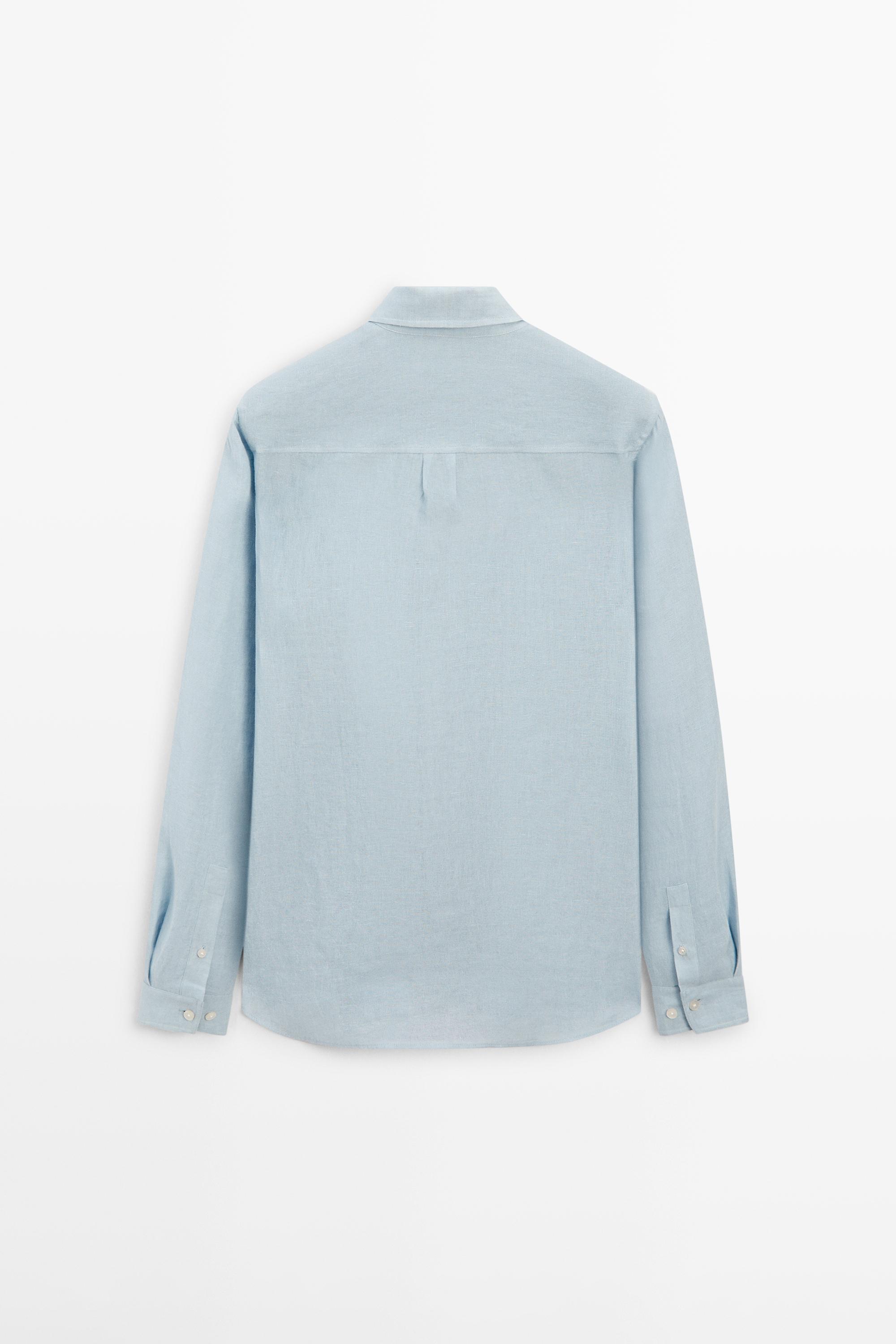 Textured 100% linen regular fit shirt — BLUE