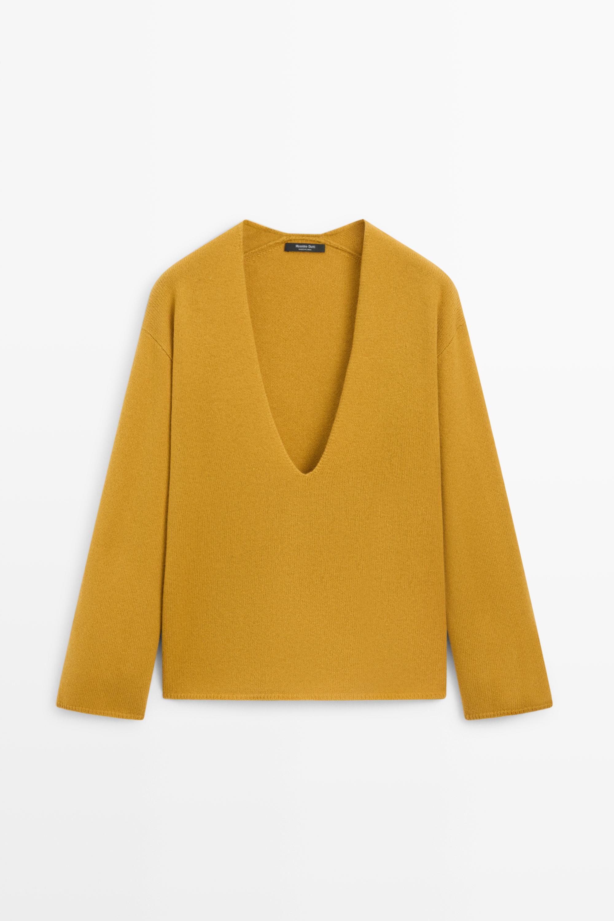 Long-line knit sweater with neckline detail — MUSTARD YELLOW