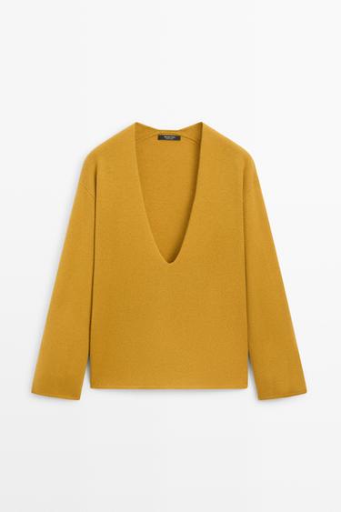 Long-line knit sweater with neckline detail — MUSTARD YELLOW 2