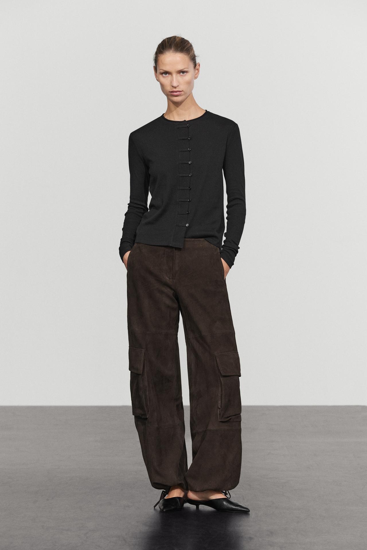 Cotton blend T-shirt with button detail — BLACK