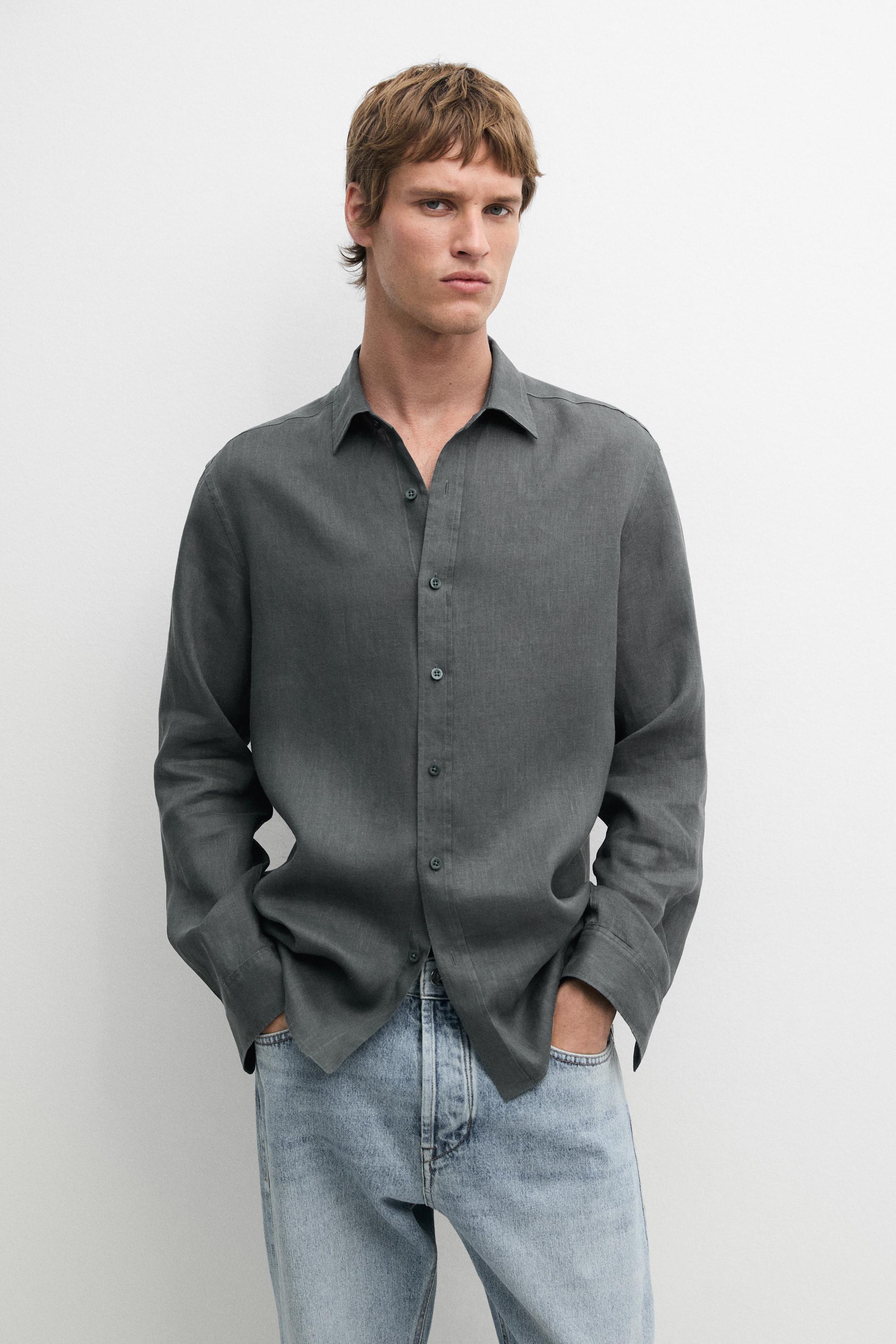 100% linen slim fit shirt — DARK GREEN