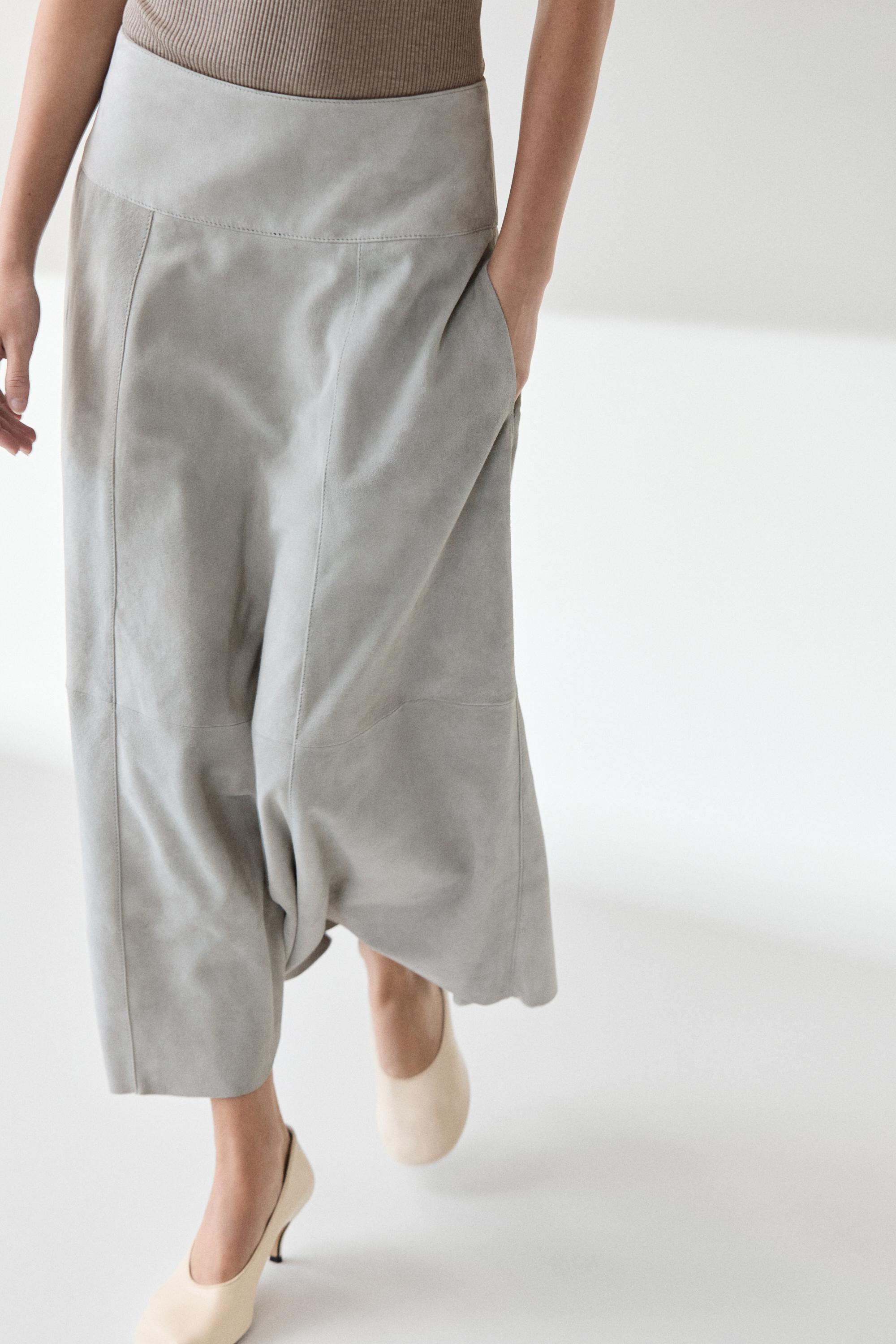 Suede flared midi skirt with sash — BLUISH GREY