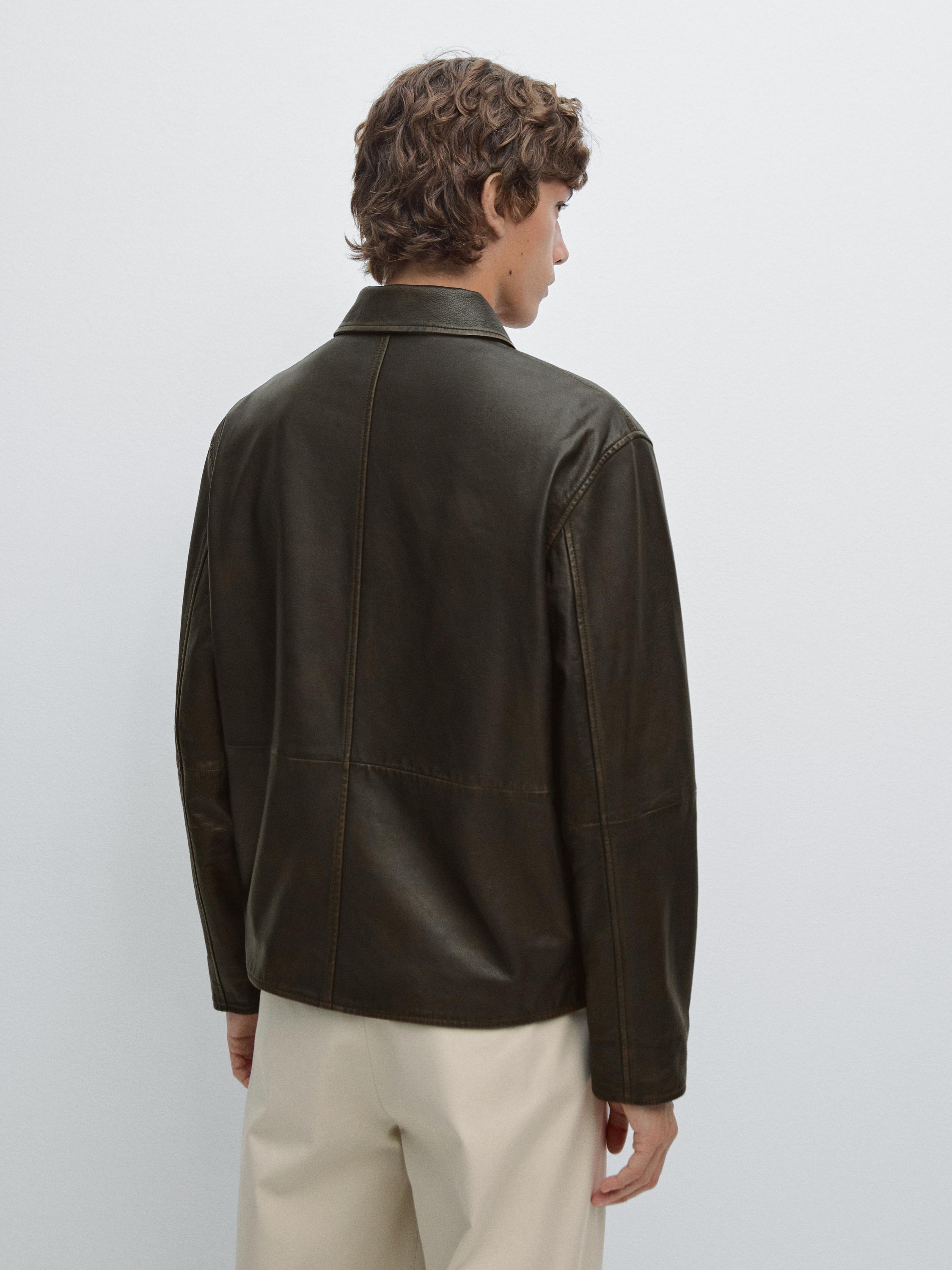 Distressed effect short nappa leather jacket