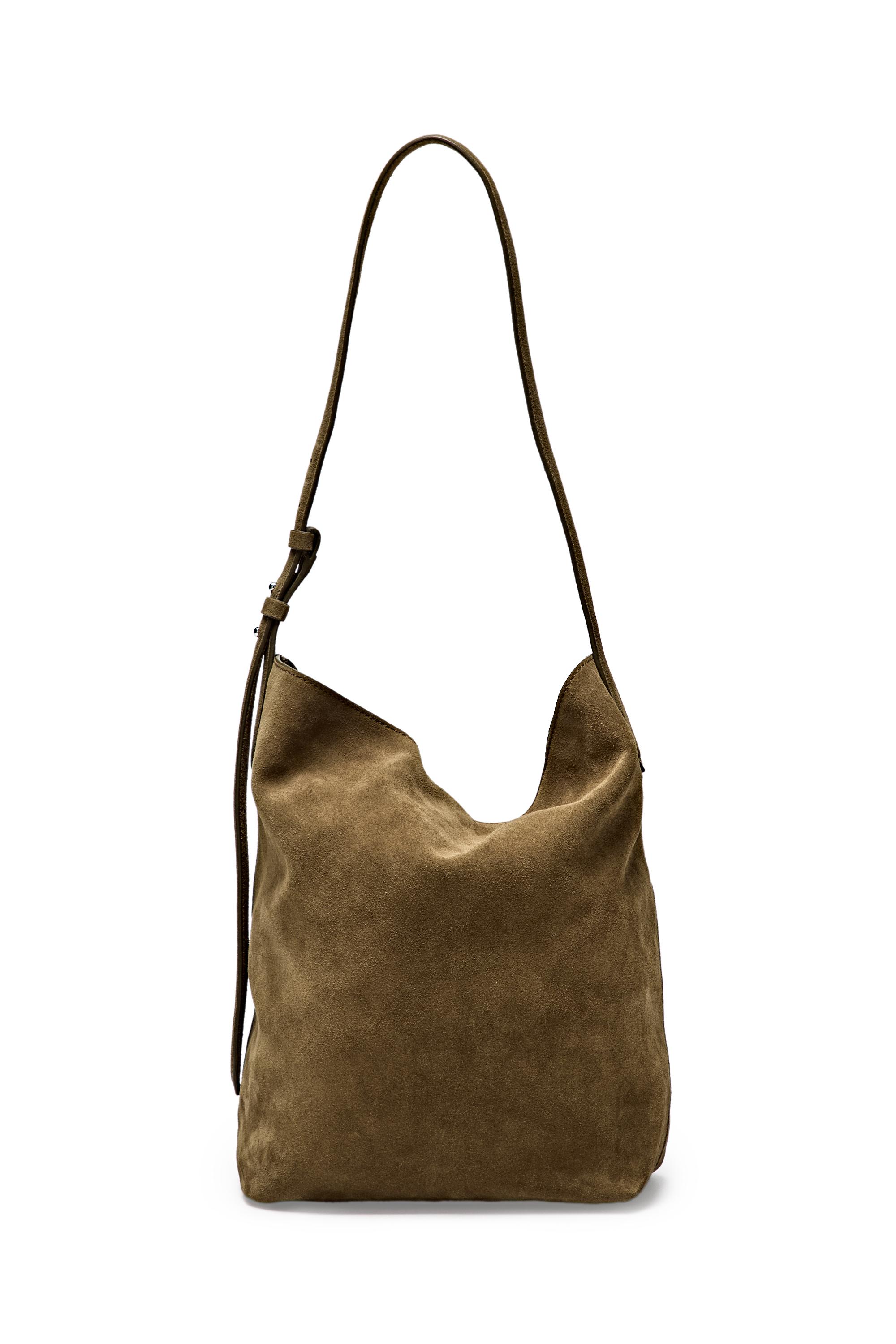 Distressed split suede leather bucket bag — KHAKI GREEN