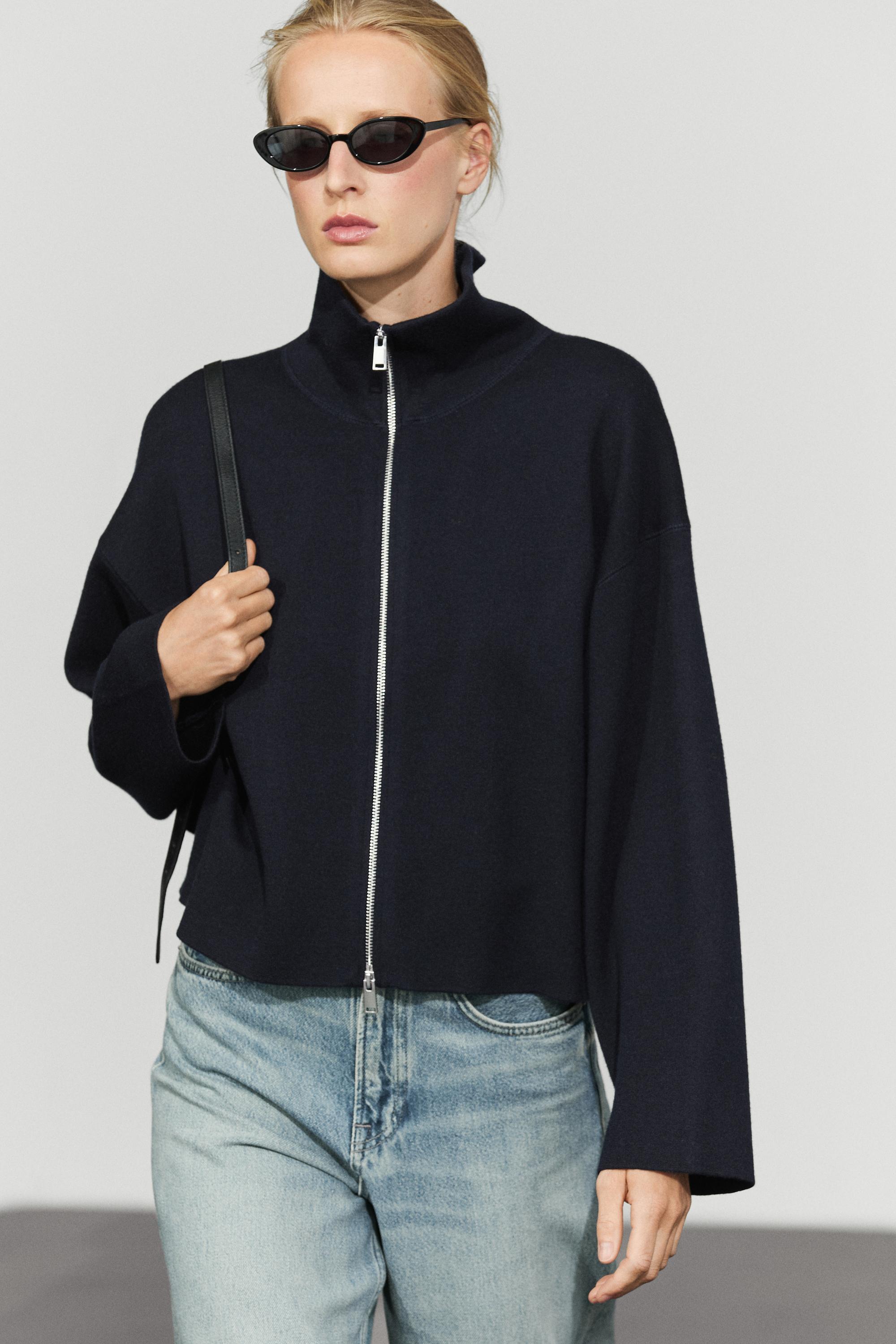 Cotton knit zip-up jacket — NAVY BLUE
