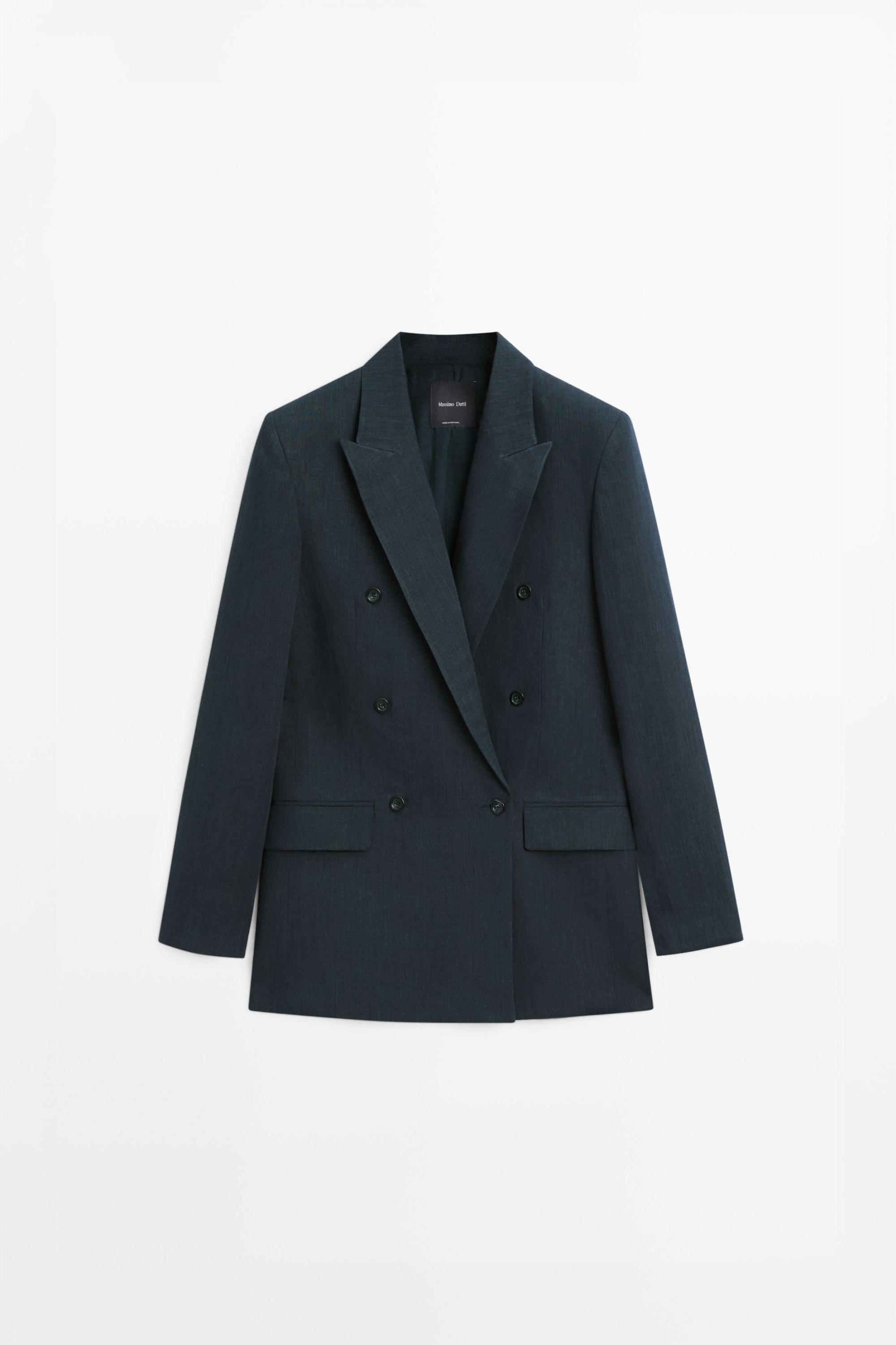 Melange linen blend double-breasted blazer — NAVY BLUE