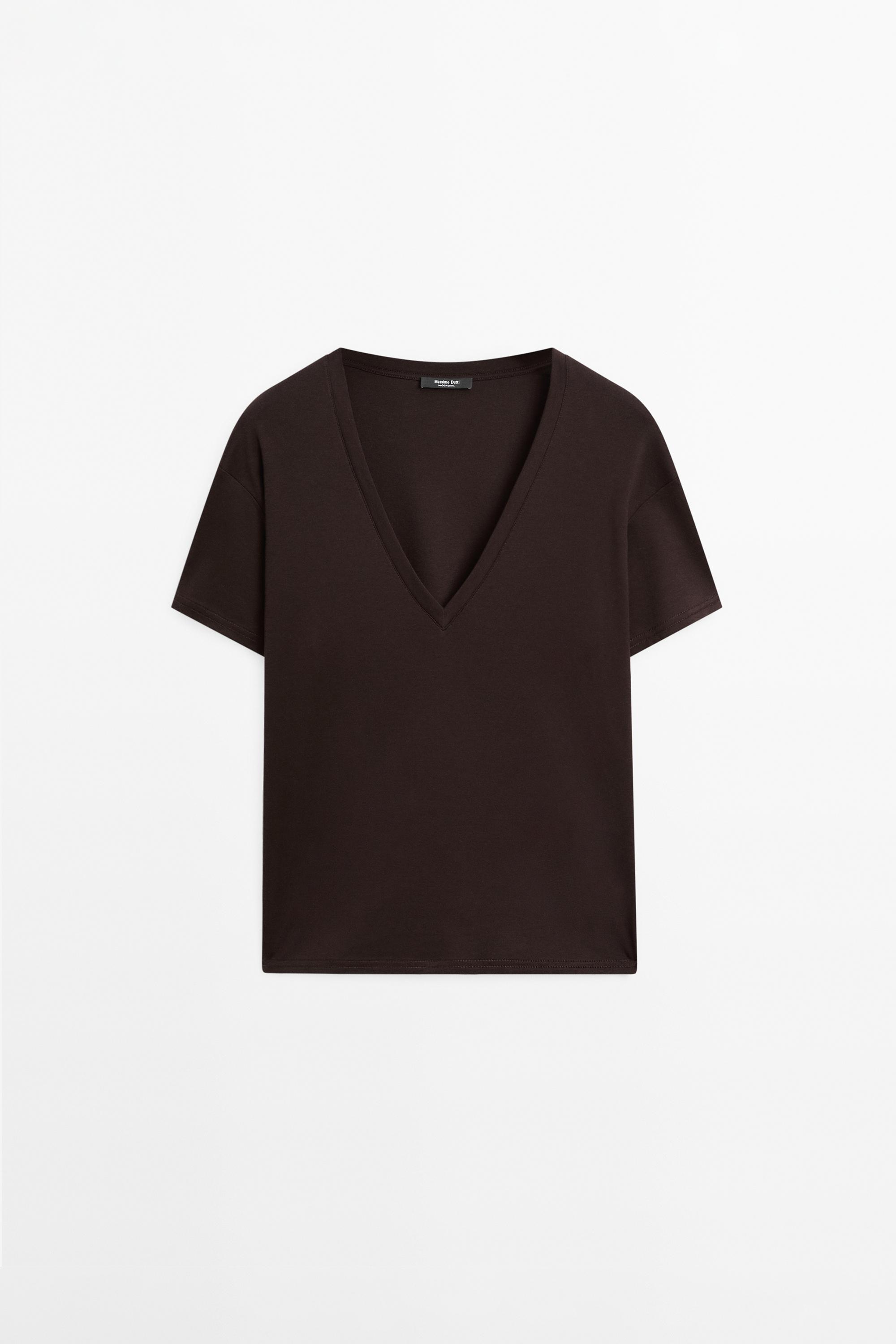 Flowing V-neck T-shirt — BROWN