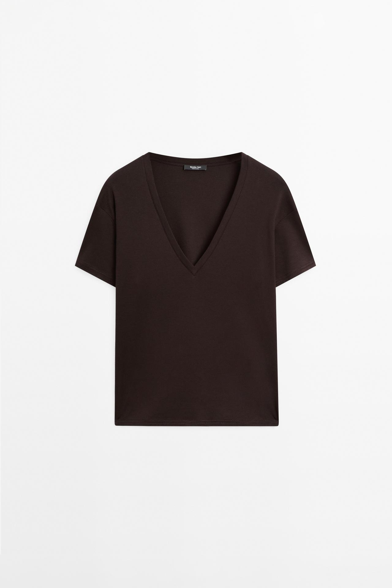 Flowing V-neck T-shirt — BROWN