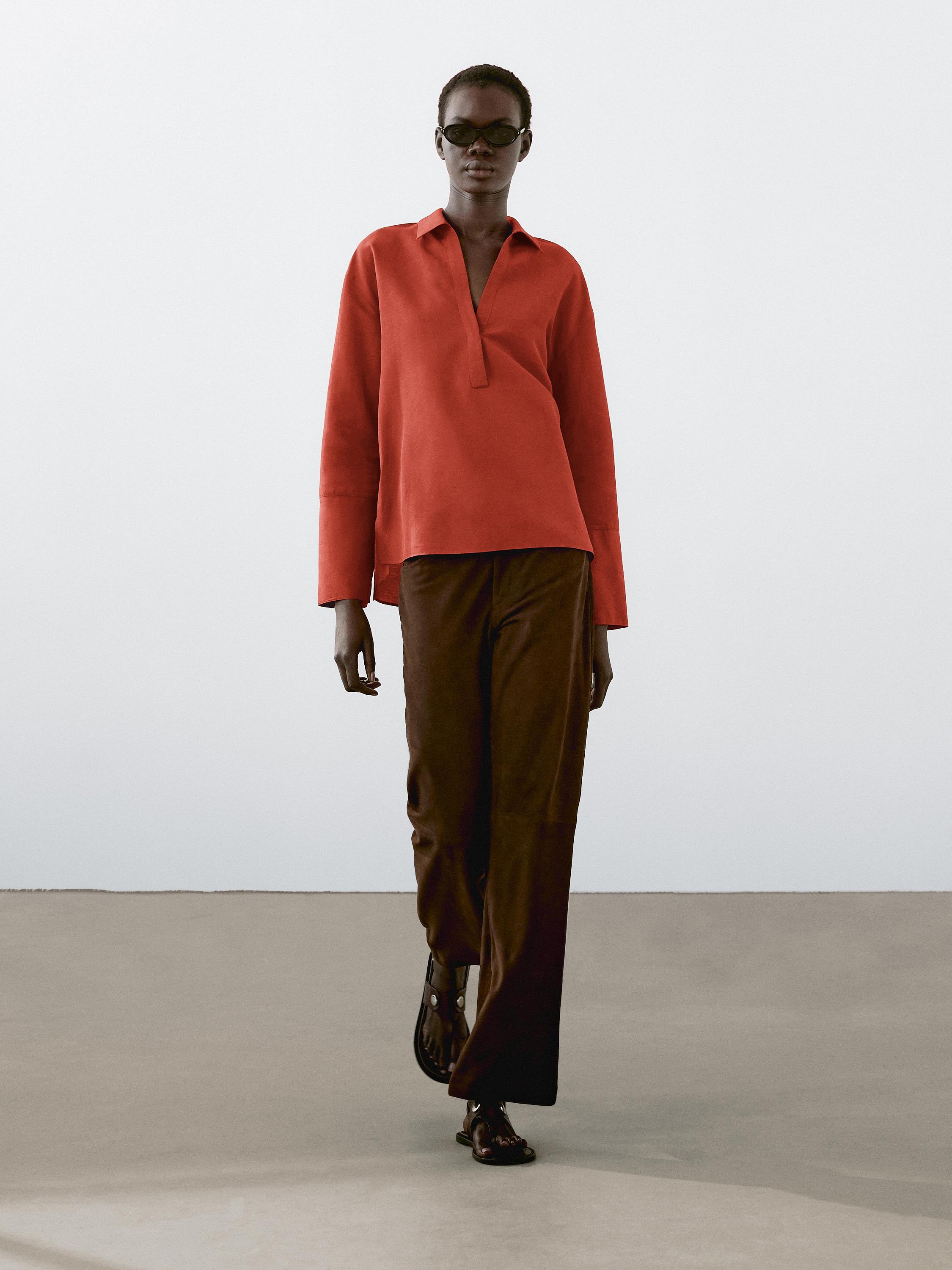 Linen blend blouse with polo collar