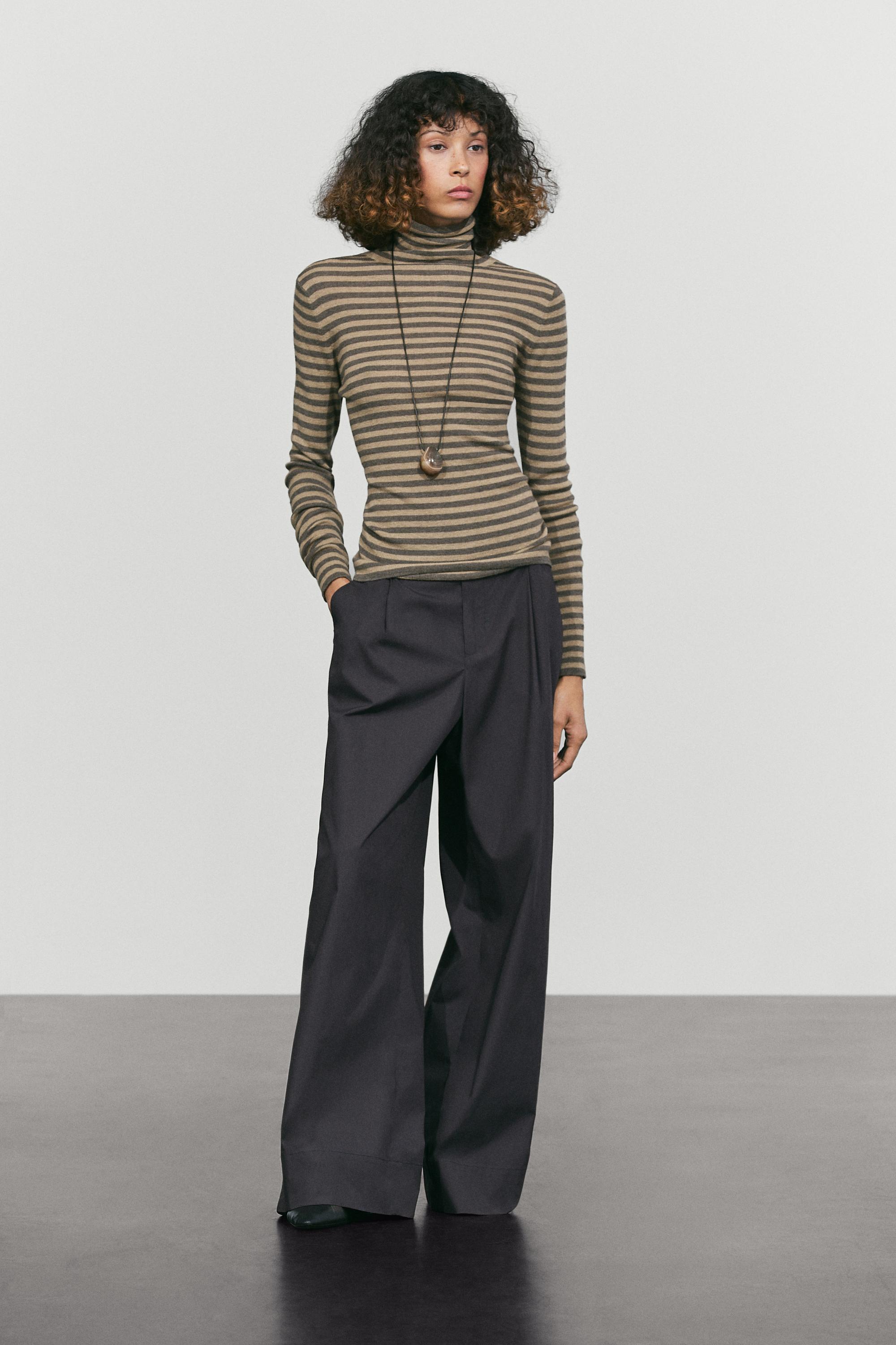 Striped turtleneck knit sweater — MOLE BROWN