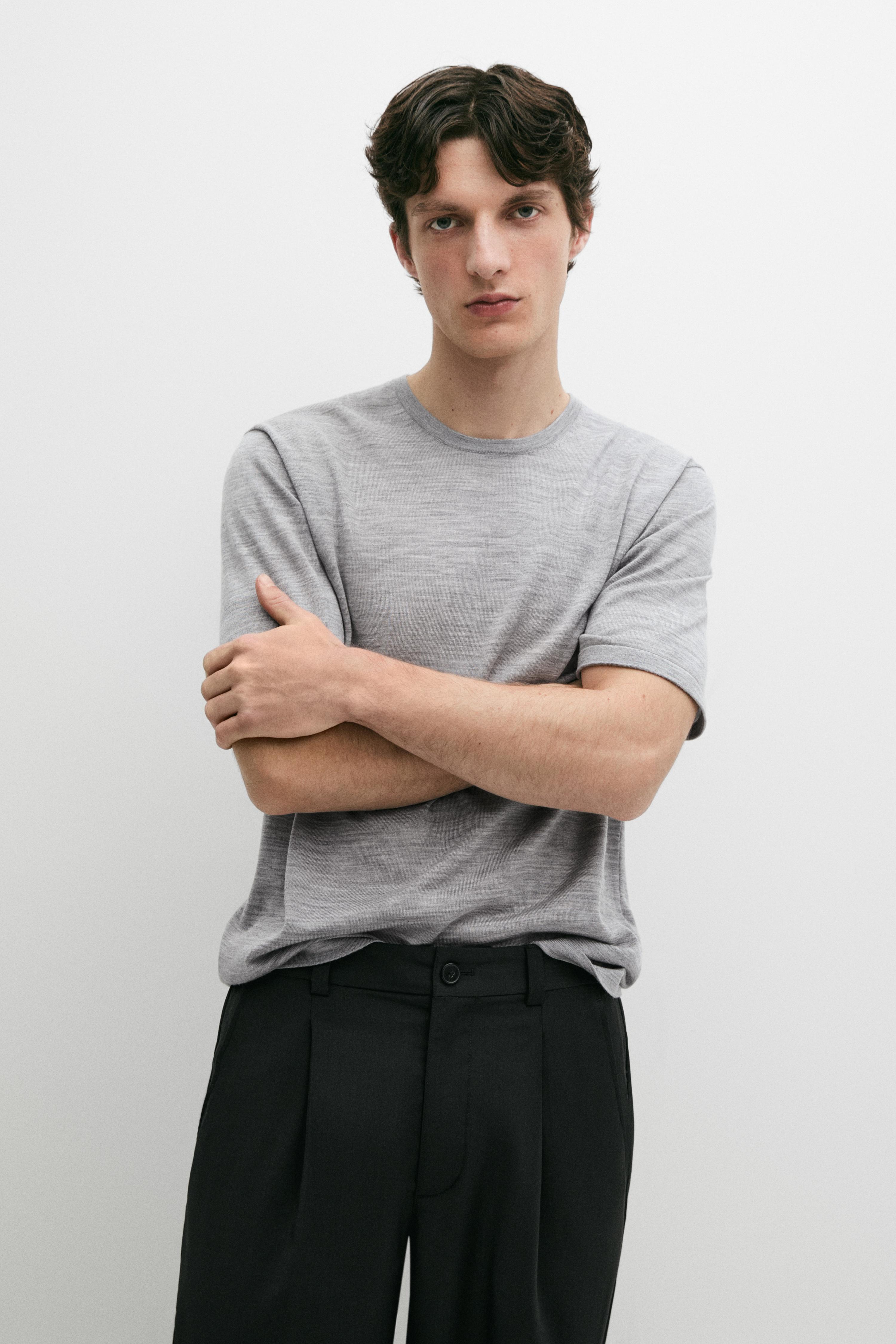 Wool-blend short-sleeve knit sweater — ANTHRACITE GREY