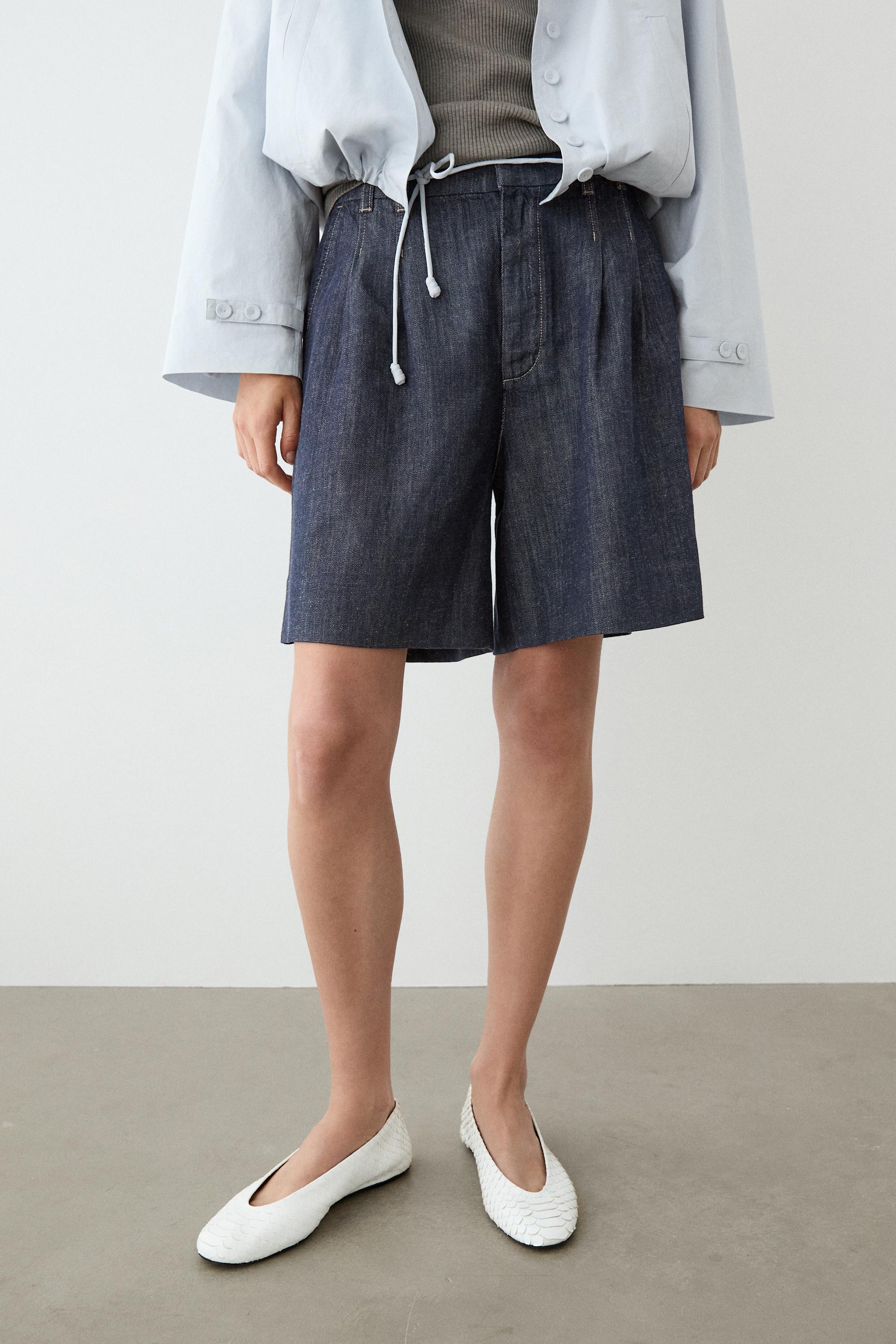 Cotton denim Bermuda shorts with topstitching — DARK BLUE