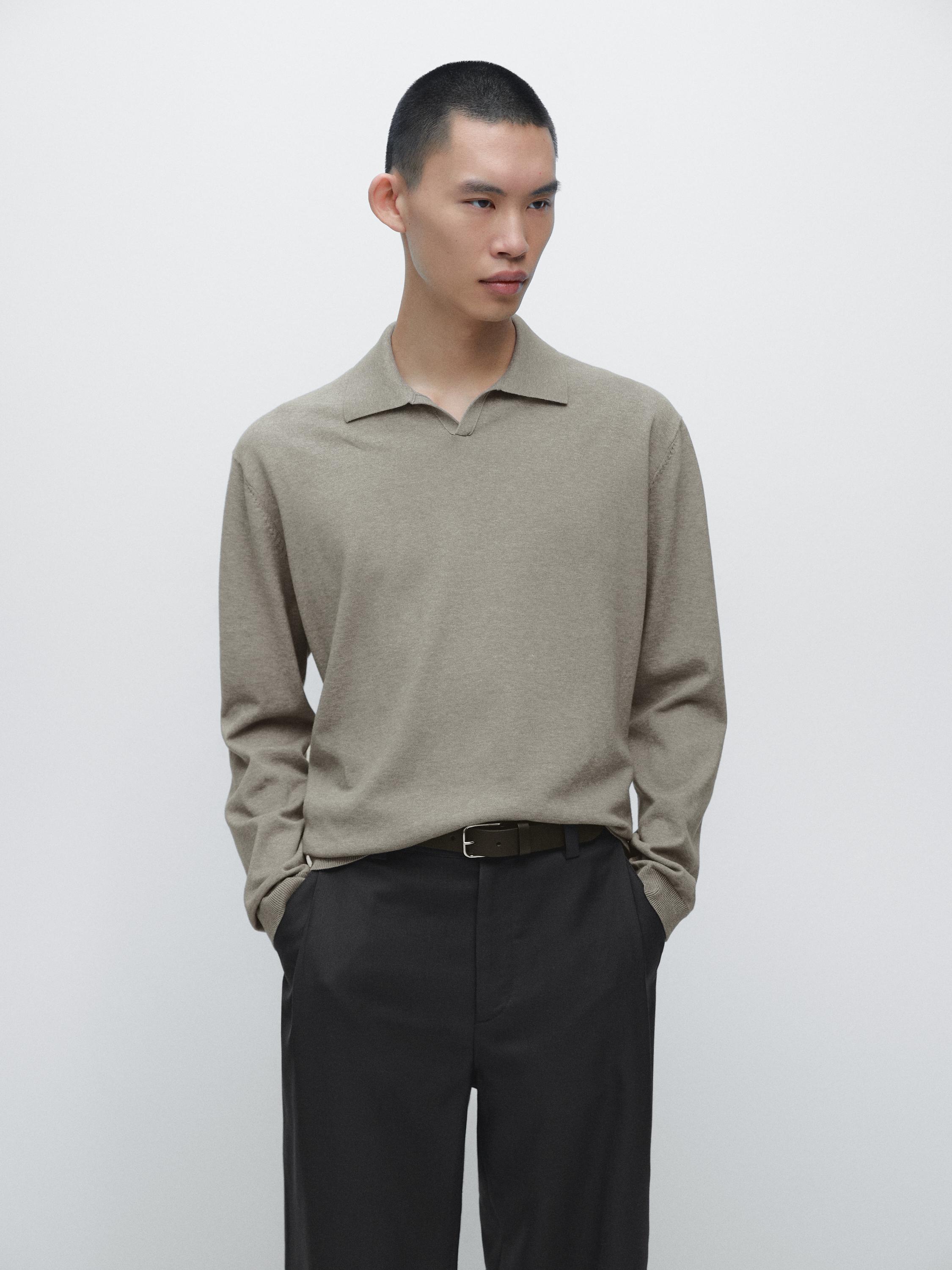 Cotton knit polo sweater — Greyish green
