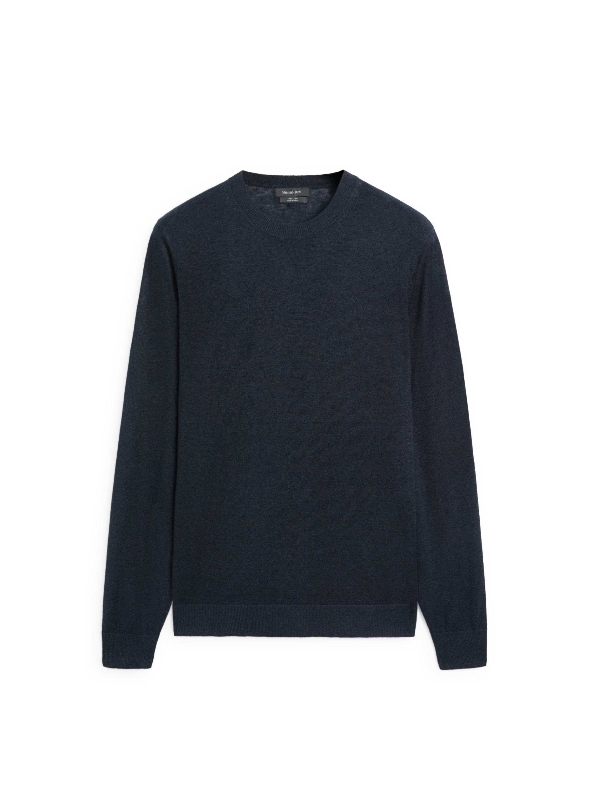 100% linen knit crew neck sweater — NAVY BLUE