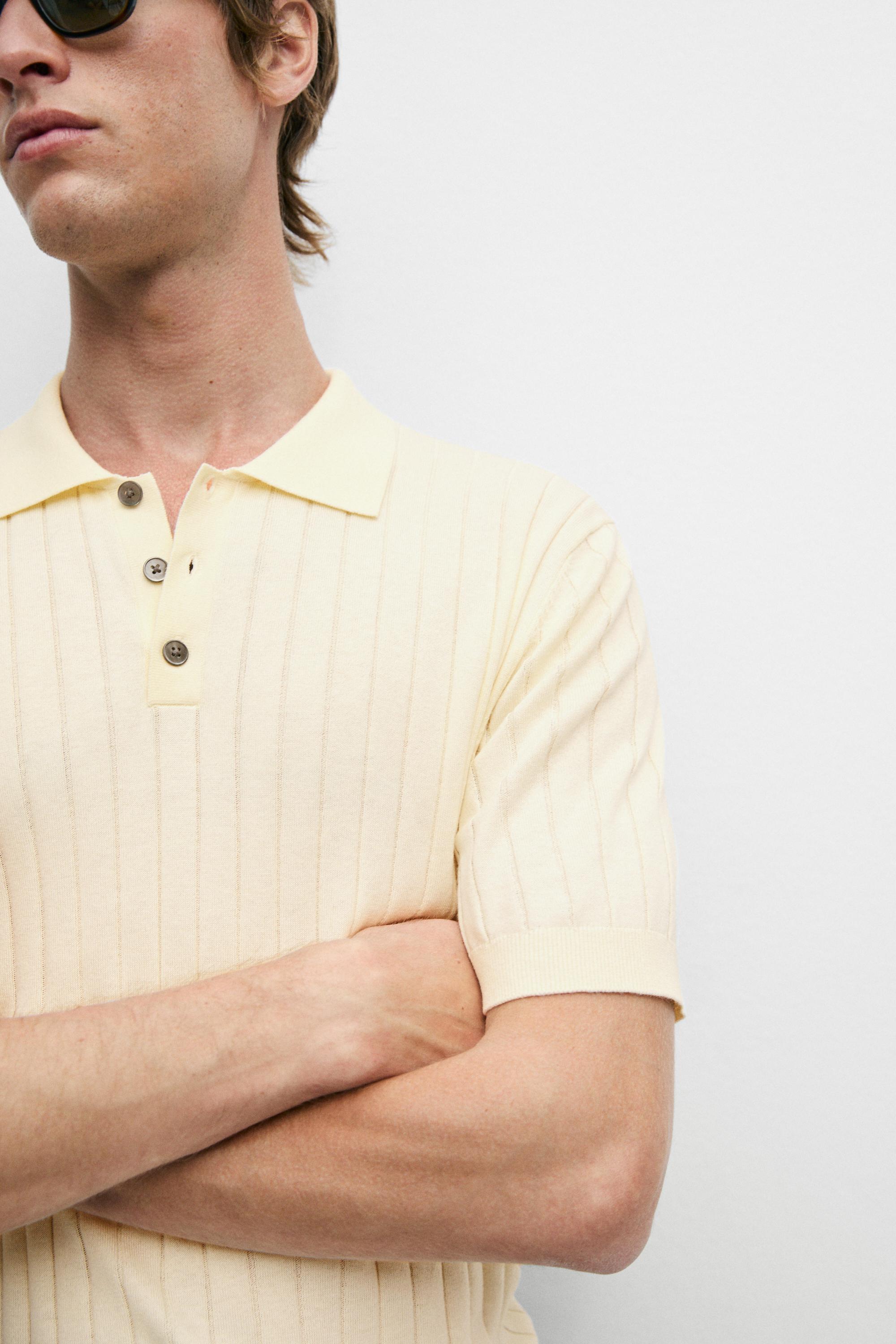 Ribbed knit cotton blend polo shirt — CREAM
