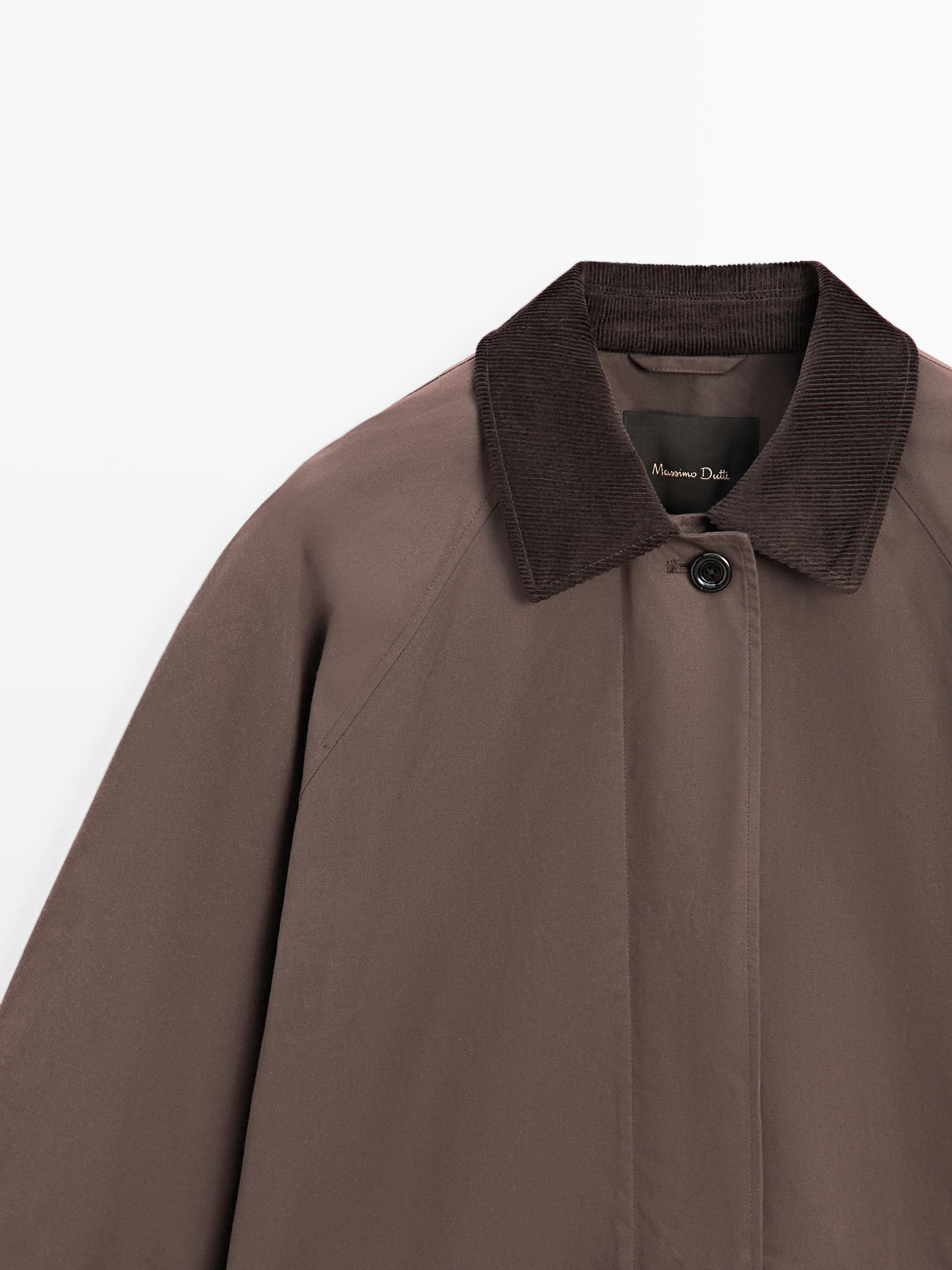 Long waxed parka with corduroy detail