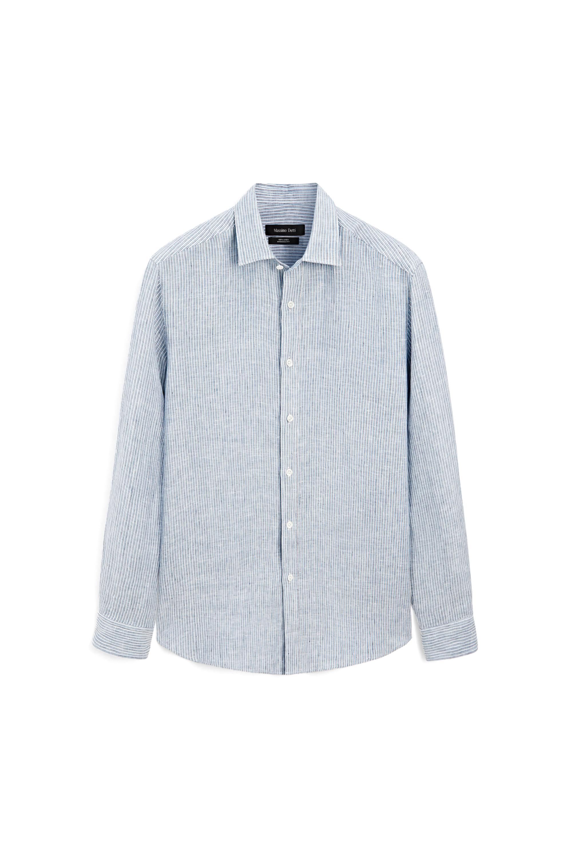 100% linen regular fit striped shirt — BLUE
