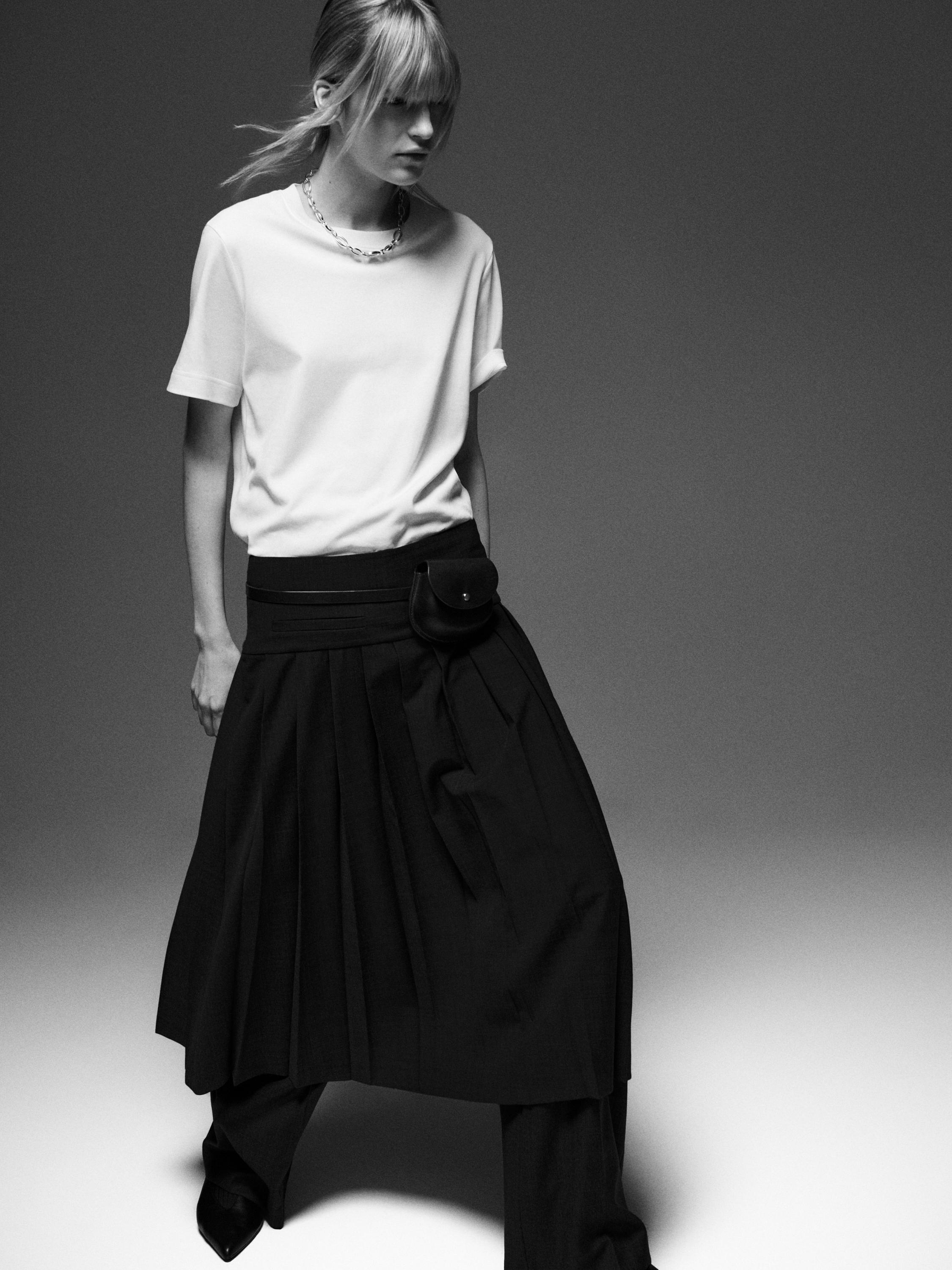 Wool blend box pleat midi skirt